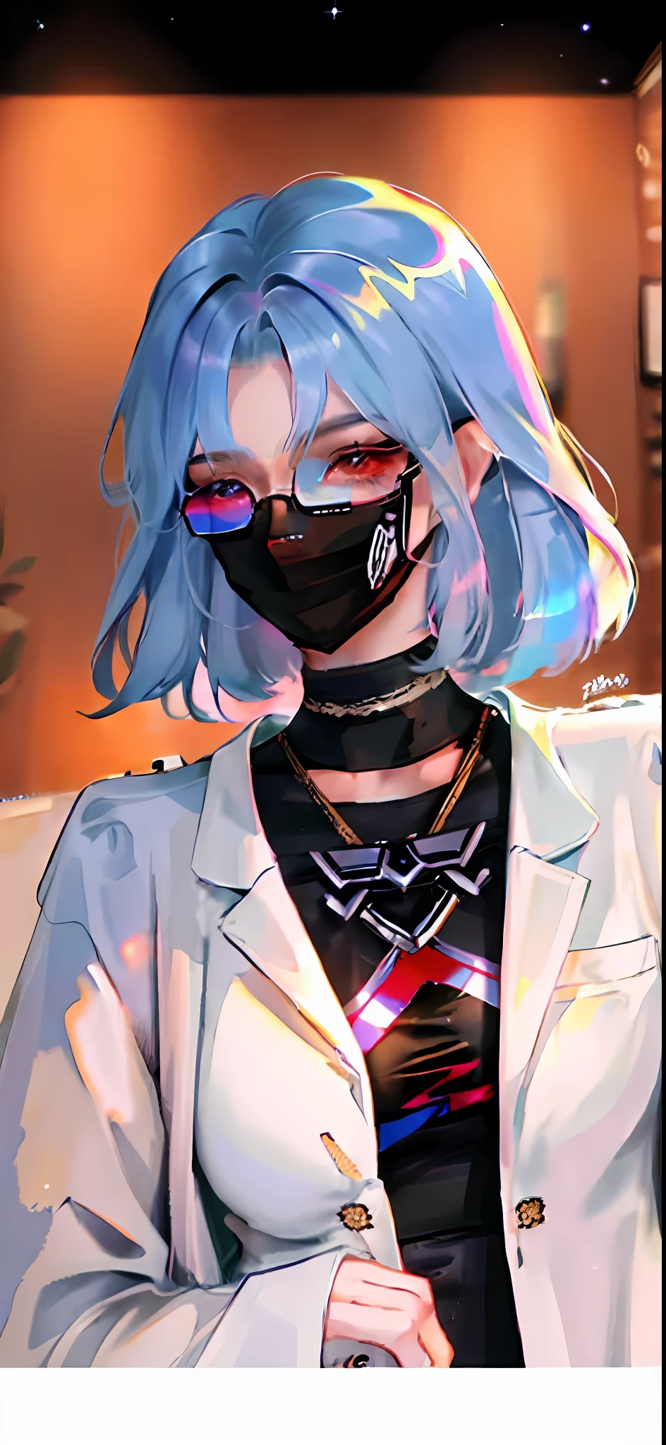 tmasterpiece,best qualtiy,ultra - detailed,illustratio,Colorful,Falt color,depth of fields,lens flare glow,1girll,anime big breast,blue short hair,looking at viewert,Detailed skin texture,Fine cloth texture,Nice and delicate face,Wear star sunglasses,Wearing a black mask,White casual suit,Dark red shirt