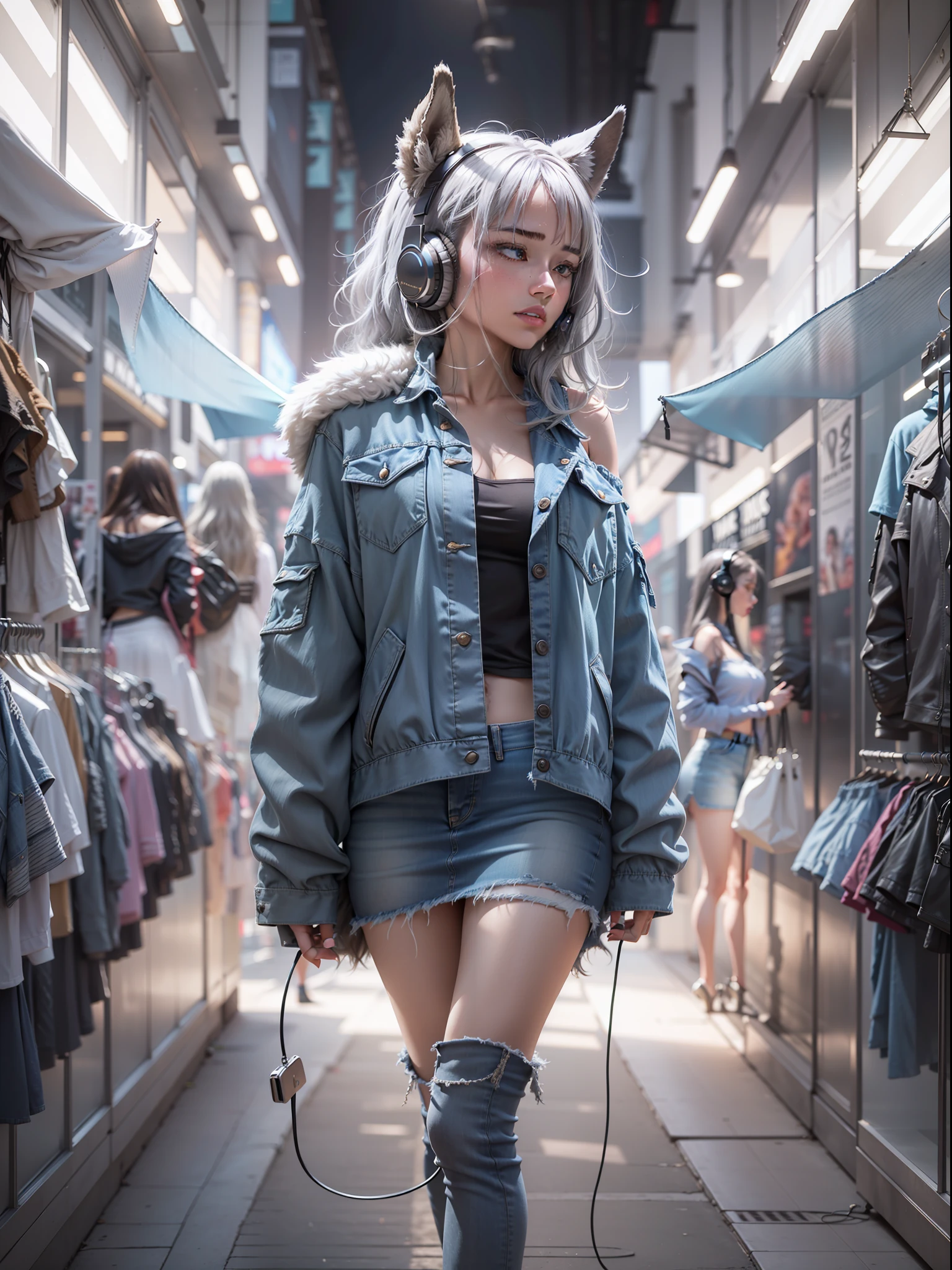 1 girl, full body, bare shoulders, Denim skirt, Mall, early evening, behind-the-head headphones, animal hood, hair strand, silver hair, Surrealism, cinematic lighting, optical illusion, cowboy shot, from side, Ultra-Wide Angle, UHD, masterpiece, anatomically correct, textured skin, high details, high quality, best quality, 8k