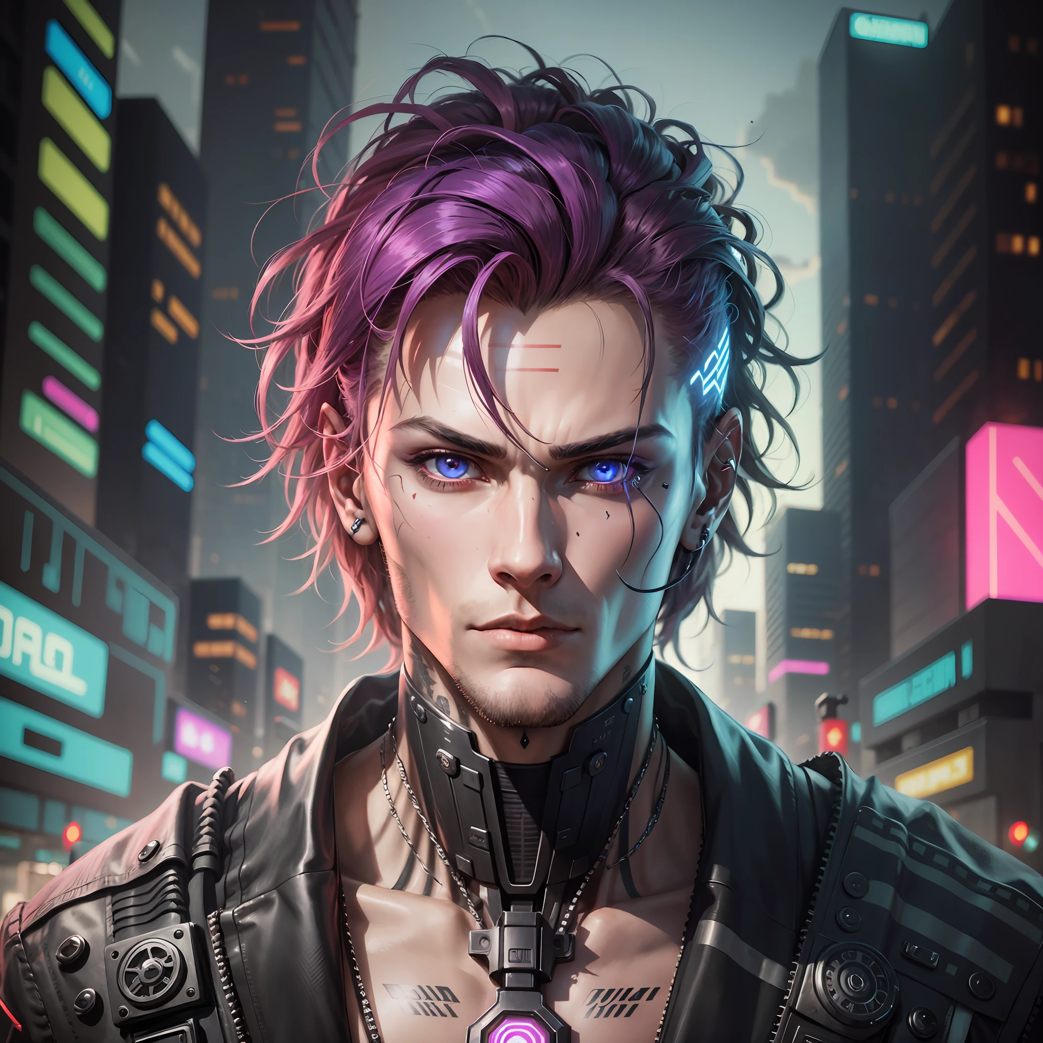 cyber punk perssonage,Half-human,The face is human,Others are mechanical,Handsome male ,Tattoo on the forehead"7RED"