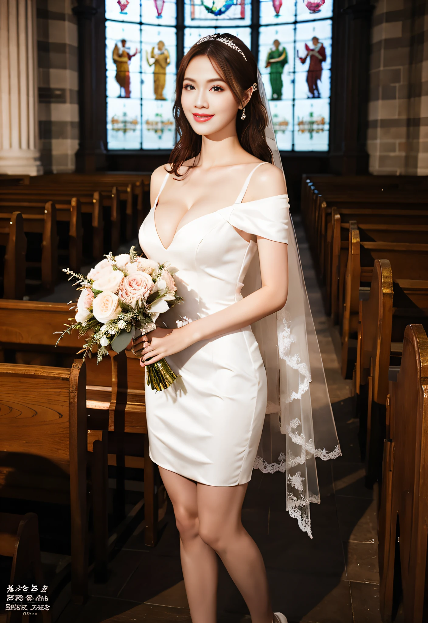 (best quality), masterpiece, (photo realistic:1.5), 8k quality, 1 beautiful girl, 18 years old, full body, (large breasts:1.4), dark brown hair, brown eyes, front, detailed face, beautiful eyes, looking at viewer, smile, BREAK, wearing mighty sexy wedding dress, one shoulder dress, standing in a beautiful church, holding a bouquet with both hands, (ulzzang-6500-v1.1:0.1)