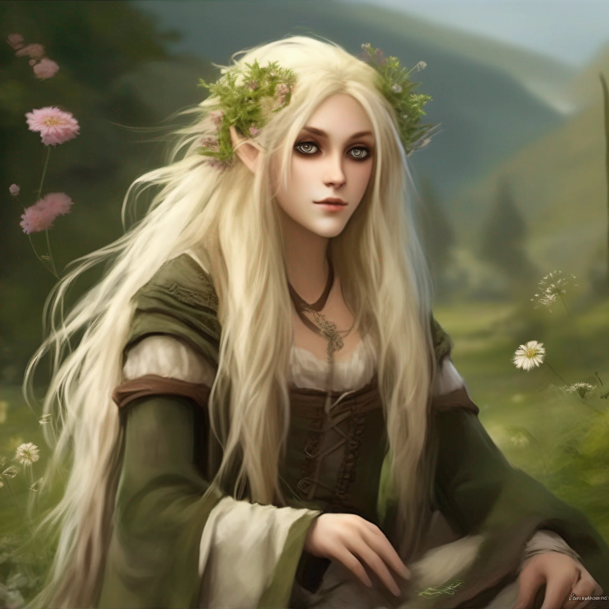 A beautiful french emo (elven (woman)) highly defined elven features big eyes ,peroxide ((long blonde messy windswept hair)) flowers in hair,(((pointed ears))), sitting in highly detailed rural french (meadow) setting ,wearing Medieval cloak hood and (furs, leathers, and roughly spun cloths, such as hemp or linen). eyeliner, blush,, natural professional photography, Sony fx6 digital camera, atmospheric, highly detailed, UHD, both eyes the same, masterpiece, high resolution, ultra quality, 16K, skin pores, matte, model pose ,Patrick Lichfield, rule of thirds