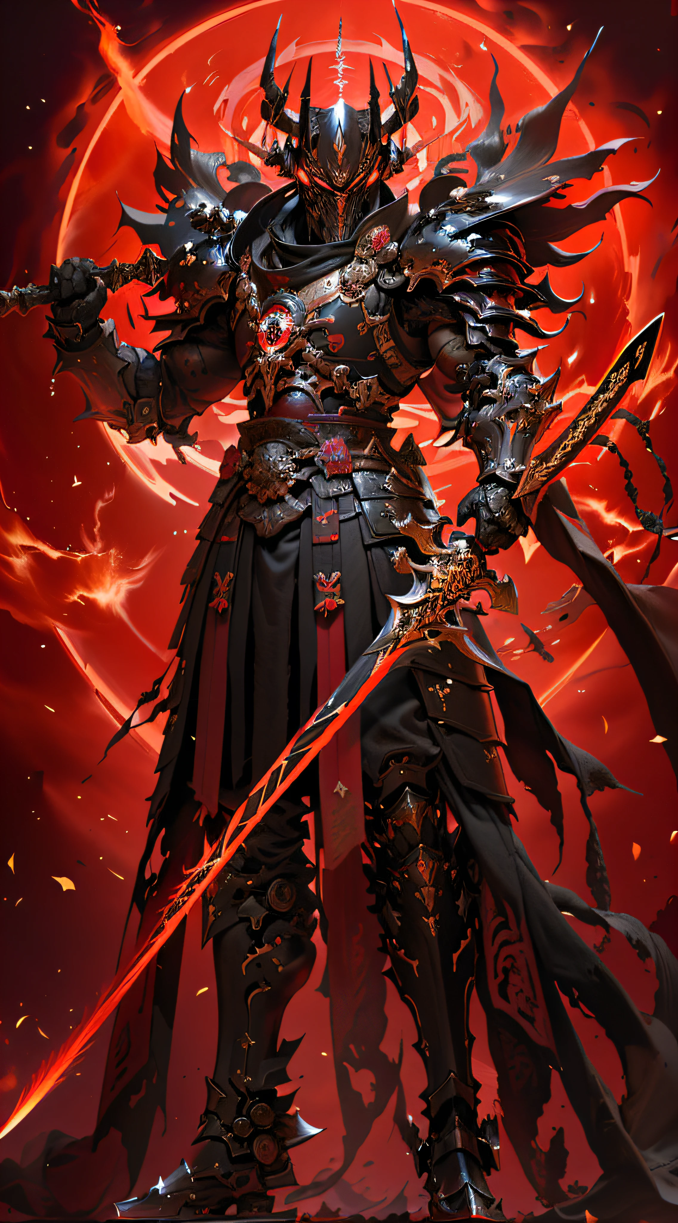a close up of a person holding a sword and a red light, ruler of inferno, beautiful male god of death, black fire color reflected armor, demon samurai warrior, demon samurai, keqing from genshin impact, king of time reaper, ares with heavy armor and sword, lord of cinder, red demon armor, black and red armor, blood red armor