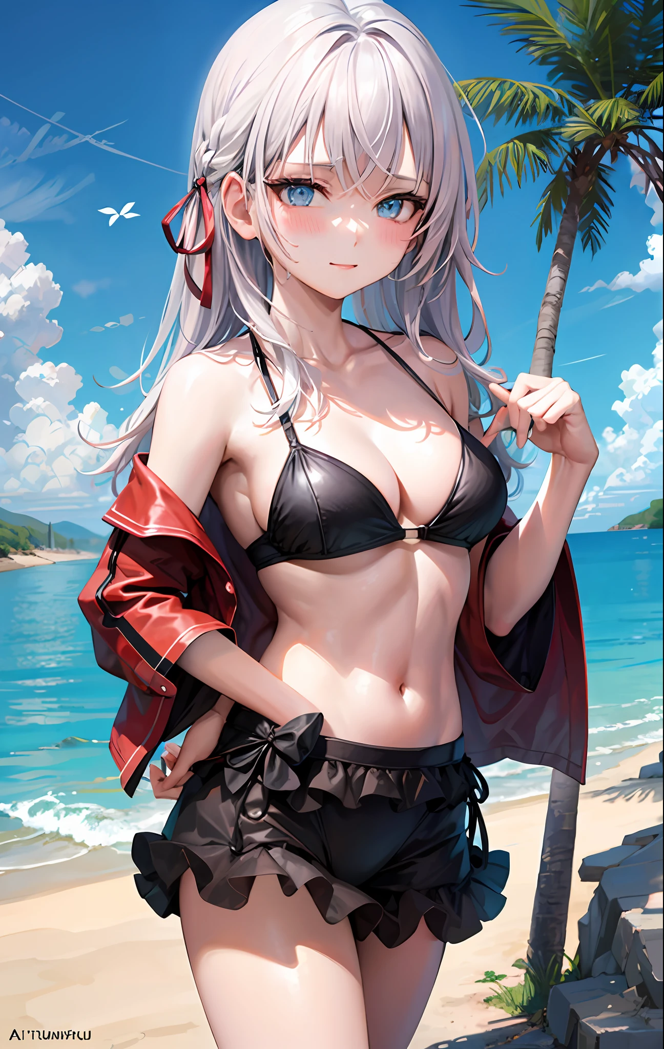 tmasterpiece, A high resolution, HighestQuali, illustratio, cinematric light, ultra - detailed, 详细的脸, ((Detailed eyes))), Best quality at best, ultra - detailed, tmasterpiece, (详细的脸), Alyssa Kuru, 1girll,Butterfly bikini swimsuit ,long white hair, eBlue eyes, (White hair), Individual focus, looki at viewer,, Play by or in the sea,
