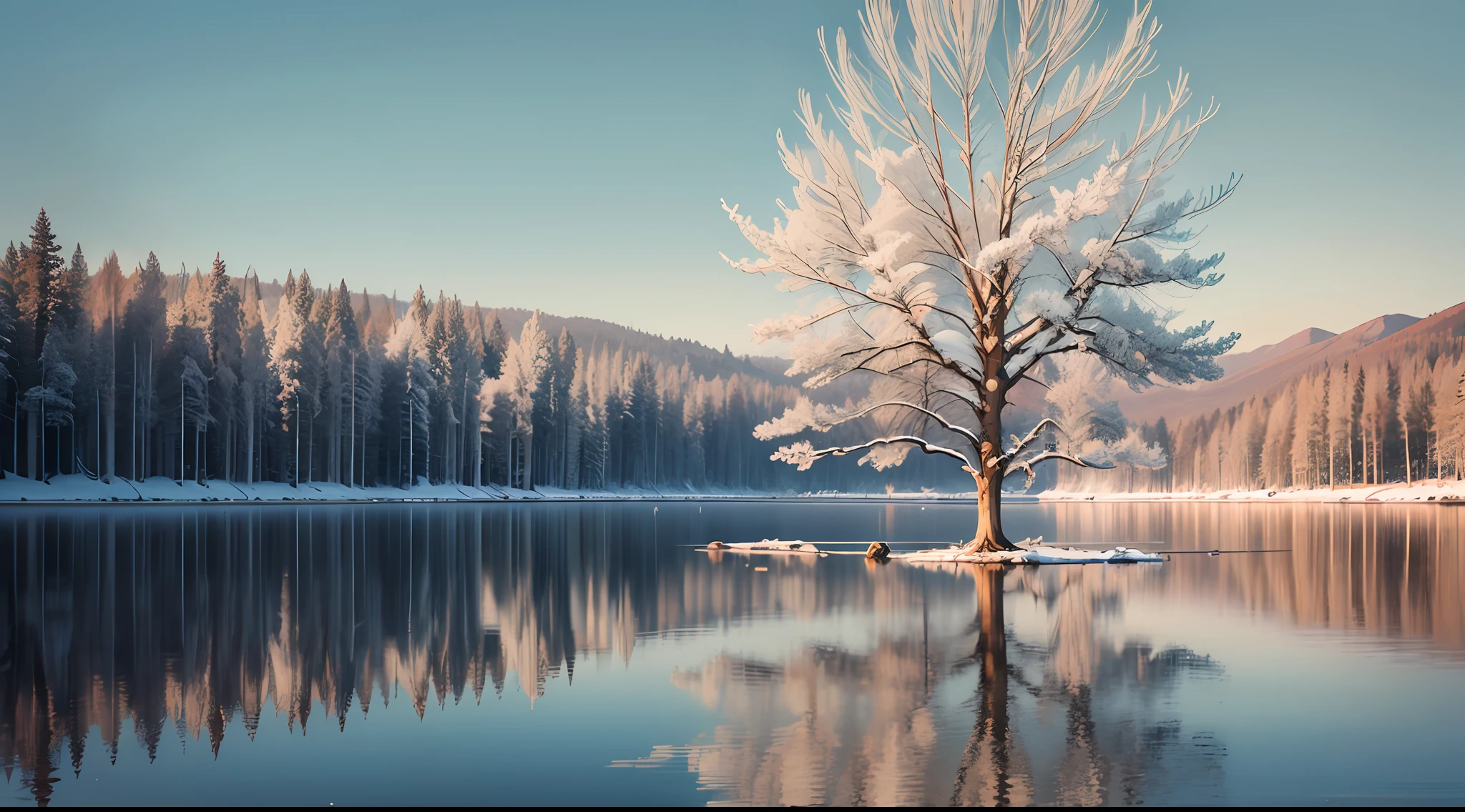 one tree during winter, reflection from lake, all white --auto --s2