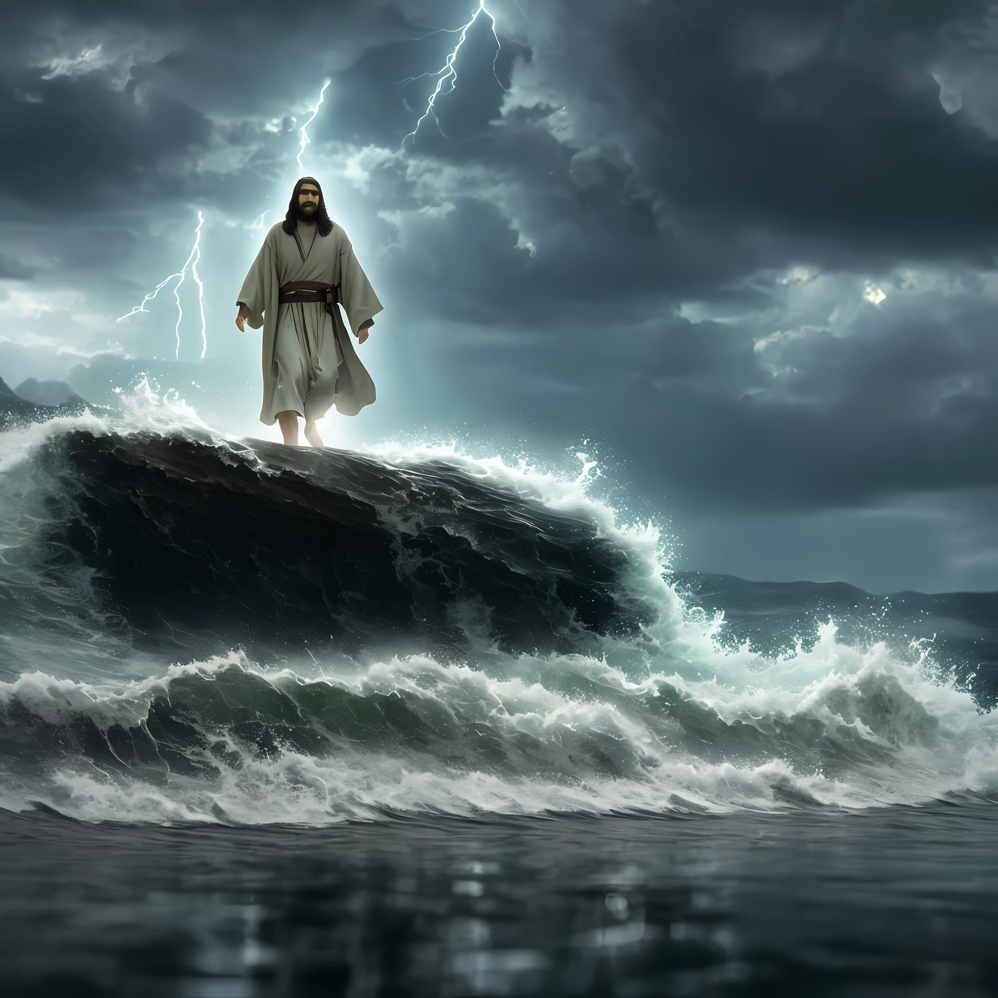 jesus walking on water in a storm, masterpiece, best quality, high quality, extremely detailed CG unit 8k wallpaper, award winning photography, Bokeh, Depth of Field, HDR, bloom, Chromatic aberration, photorealistic, extremely detailed, trending on artstation, trending on CGsociety, intricate, high detail, dramatic, mid-journey art, volumetric lighting