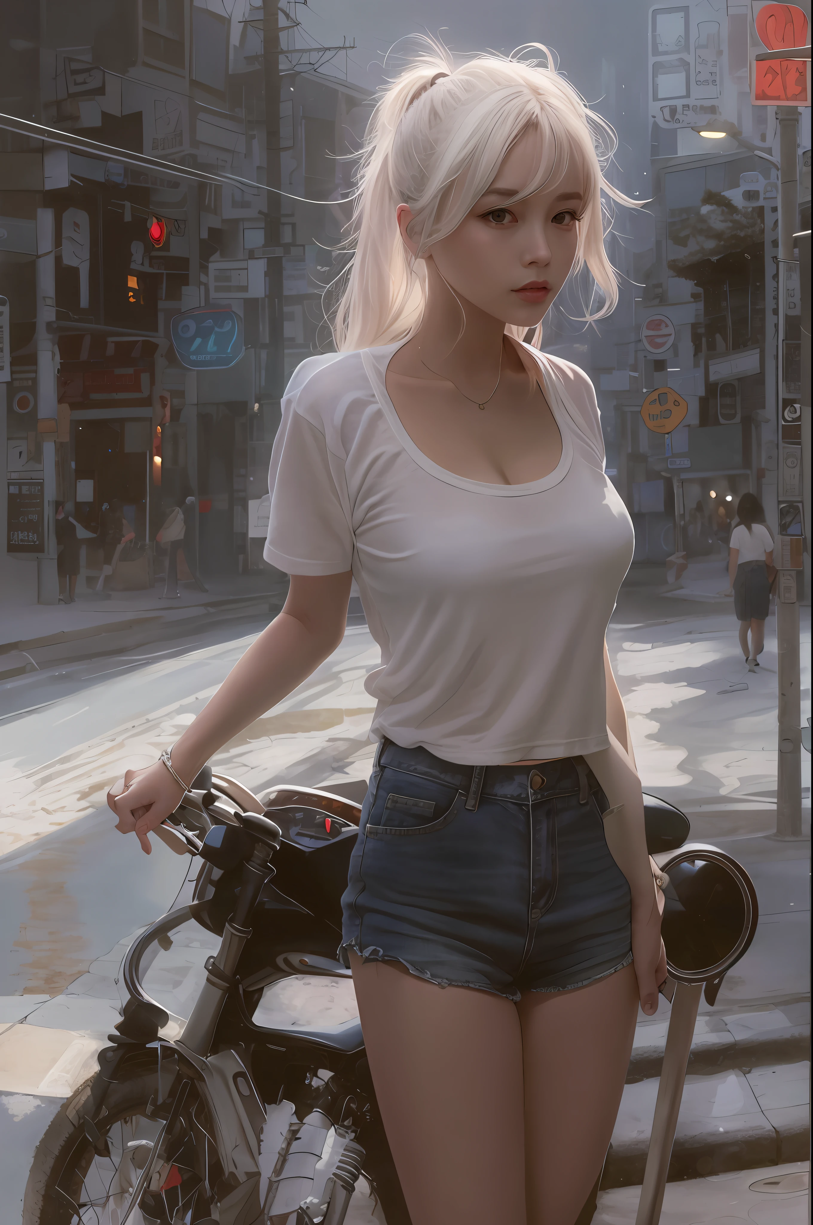 Woman figure（Wear white crop tops：1.2），（Wear denim skirts：1.1），ModelShoot style，（Extremely detailed Cg Unity 8K wallpaper），The most beautiful artistic photo in the world，Professional majestic Ed Brinkie、atey ghailan、Oil painting by Studio Ghibli，Jeremy Mann、Greg Manchess、Works by Antonio Moreau，Trends on ArtStation，Trends on CGSociety，iintricate，high detal，Clear focus，Dramatic，Realistic painting art，by Midjourney and Greg Rukowski，（thongs），（On the road at night：1.1），（looking at viewert），（Detailed eyes：1.2）