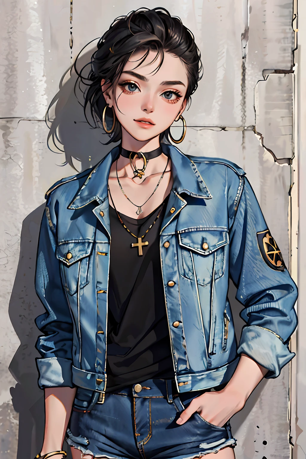 (masterpiece:1.2, best quality), (1lady, solo, upper body:1.2), Hair: buzz cut, Clothing: oversized, distressed denim jacket with patches and pins, paired with black skinny jeans and combat boots, Accessories: silver hoop earrings and a black choker necklace, Hanging out in an underground music venue or street art exhibit
