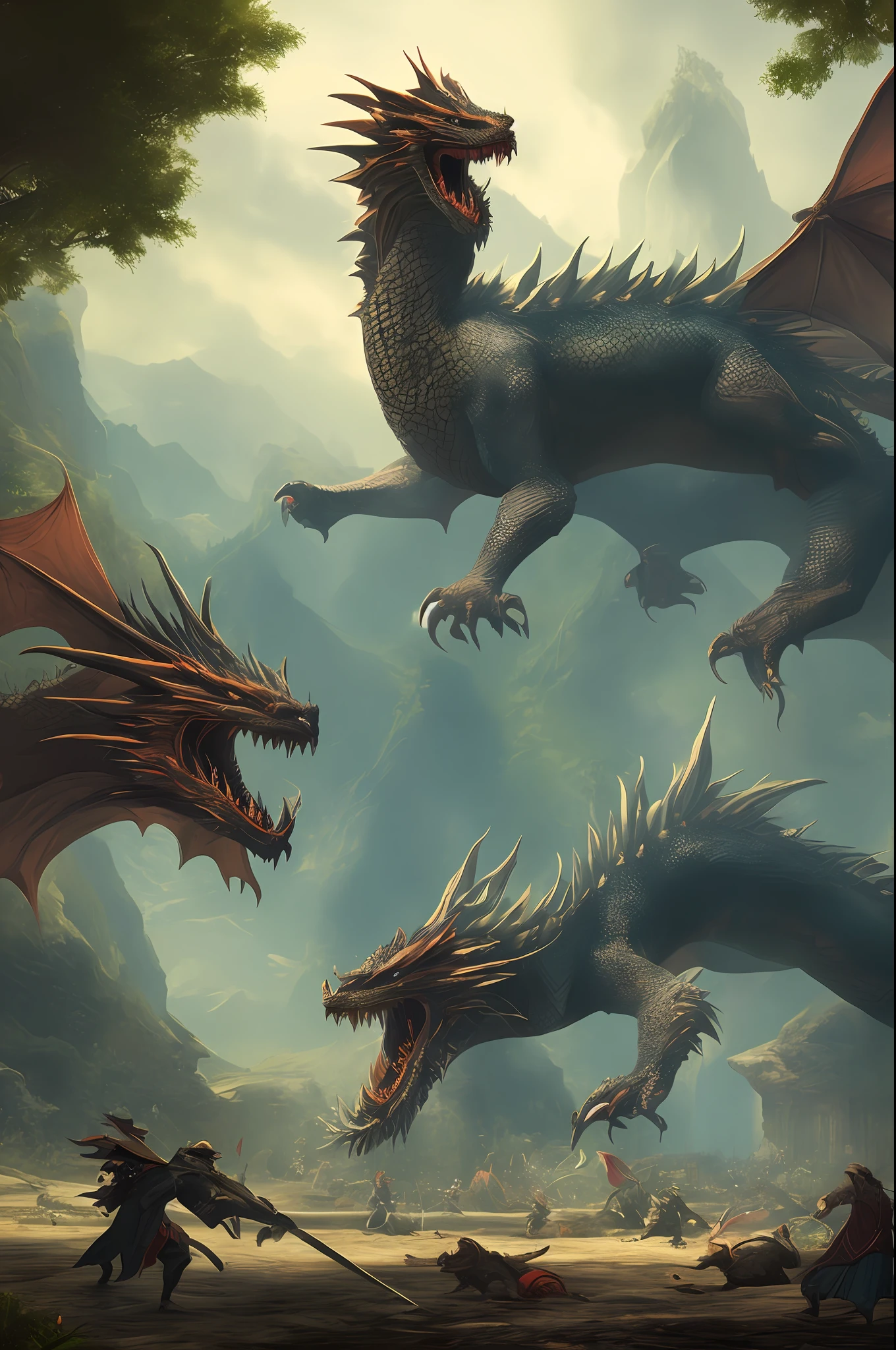 Gigantic dragon fighting against many gierreiros, Suffering of the dragon, humanos mortos, realista, 4k, alto detalhamento, obra prima
