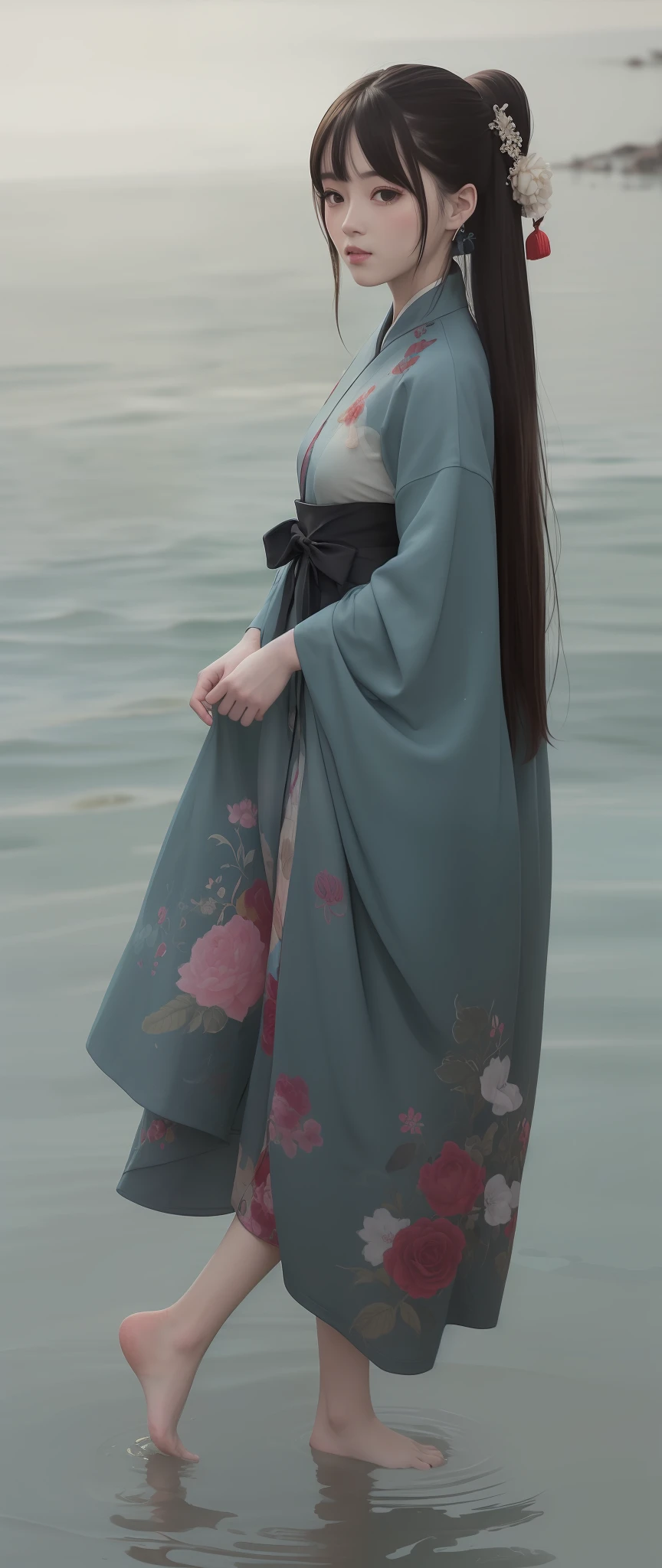 ((4K,Masterpiece,Best quality)), shuimobysim, Traditional Chinese painting, Rose blanche, Hanfu, maxikit, Dress conservatively 1girl, Solo, cabelos preto e longos, ssmile, standing on your feet, feet in water, The barefoot,Cyan eyes