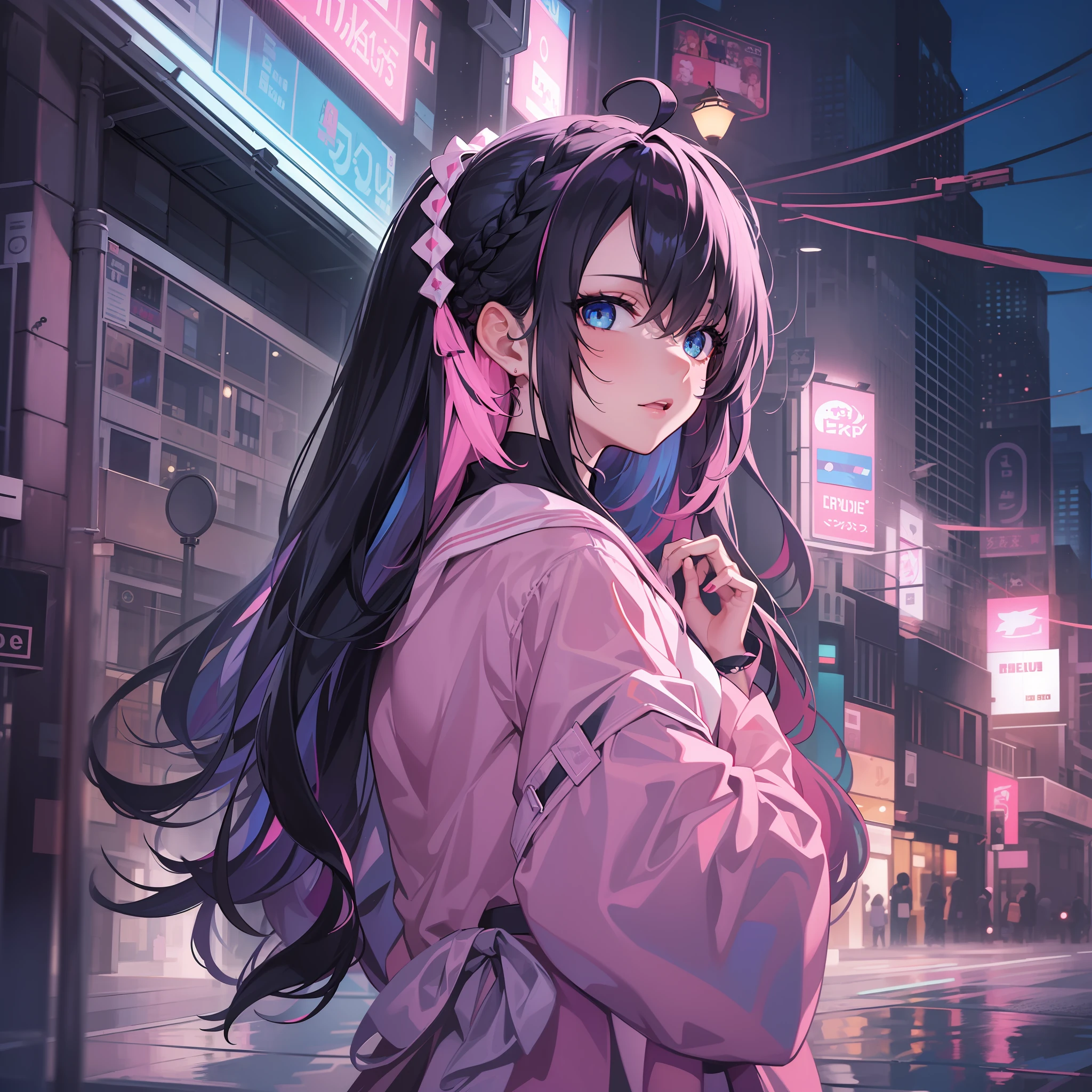 (portrait, looking at viewer:1.5), illustration, creative, masterpiece, 8k wallpaper, absurdres, best quality, dynamic angle, detailed eyes, dream like, abstract art, panorama, cinematic lighting, 1girl, (charming, cute, delicate), (black hair, long hair, hair between eyes:1.1), (blue eyes), (pink streaks, blue streaks:1.2), sidelocks, crown braid, black and pink color combination clothes, ahoge, standing up, (extremely reflective eyes), eyes reflecting the streets, extremely beautiful background, dark street, busy night street, cars road, lamp posts,