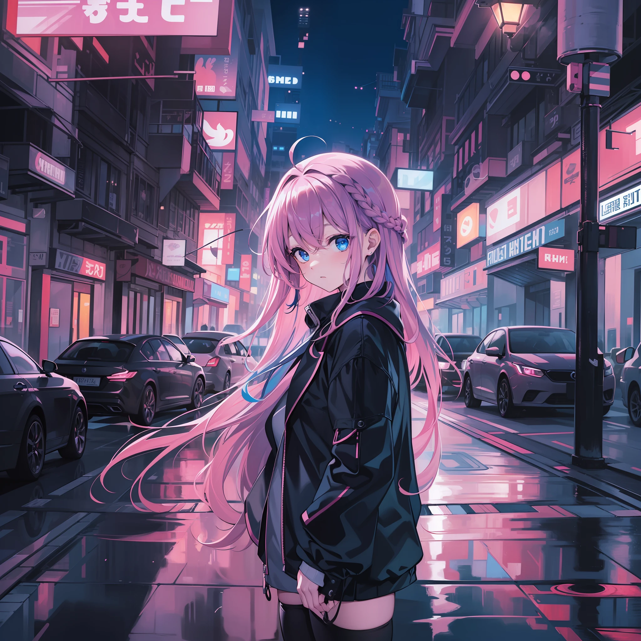 (portrait, looking at viewer:1.5), illustration, creative, masterpiece, 8k wallpaper, absurdres, best quality, dynamic angle, detailed eyes, dream like, abstract art, panorama, cinematic lighting, 1girl, (charming, cute, delicate), (black hair, long hair, hair between eyes:1.1), (blue eyes), (pink streaks, blue streaks:1.2), sidelocks, crown braid, black and pink color combination clothes, ahoge, standing up, (extremely reflective eyes), eyes reflecting the streets, extremely beautiful background, dark street, busy night street, cars road, lamp posts,