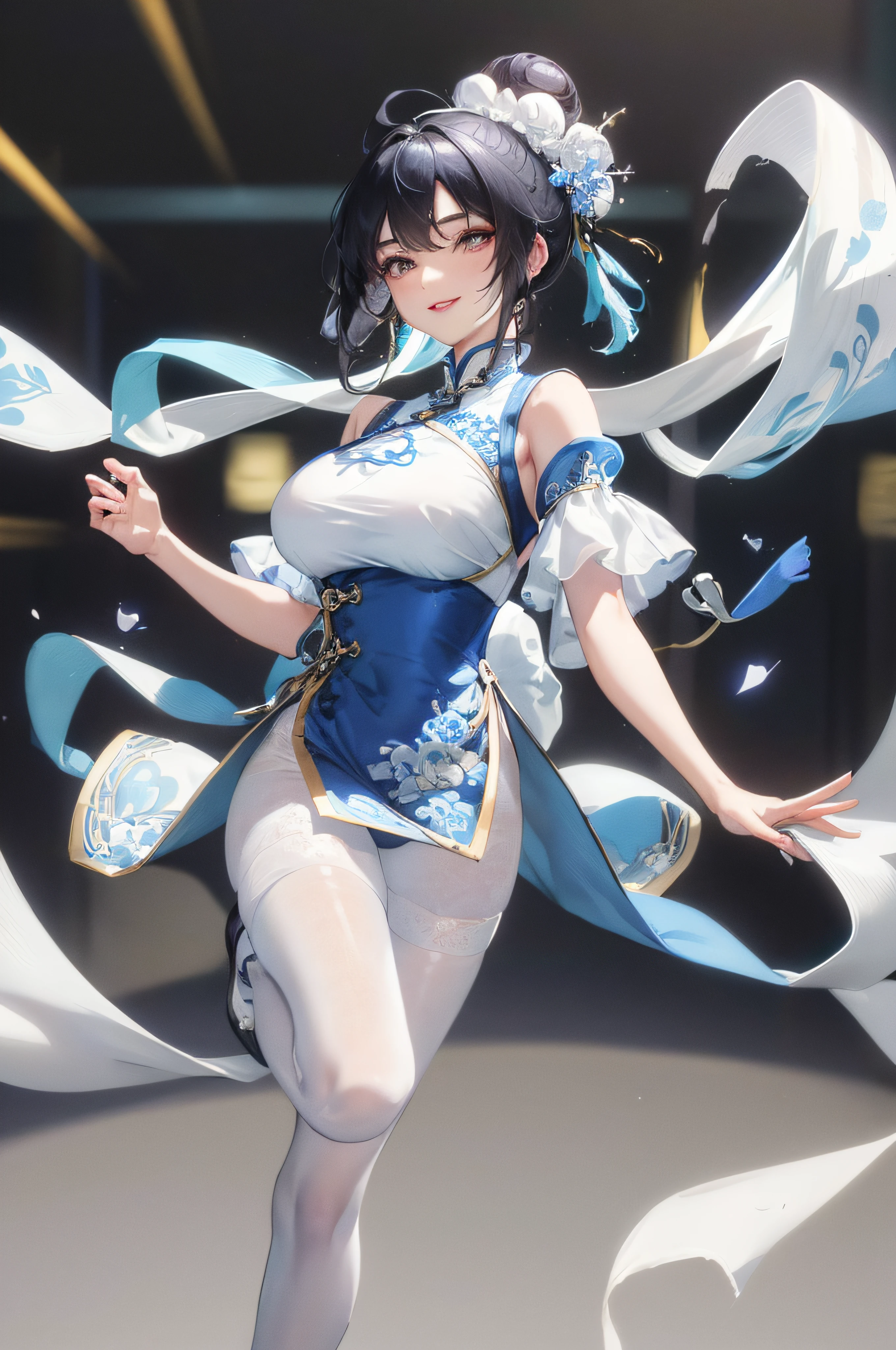 Masterpiece, best, 1 female, blue clothes, blue cheongsam, full body photo, ancient Chinese style, white cloth bun bun, black hair, shoulders, big breasts, slender legs, smile, white pantyhose, pantyhose lace side, white underwear, pale pink lips, embroidered dress