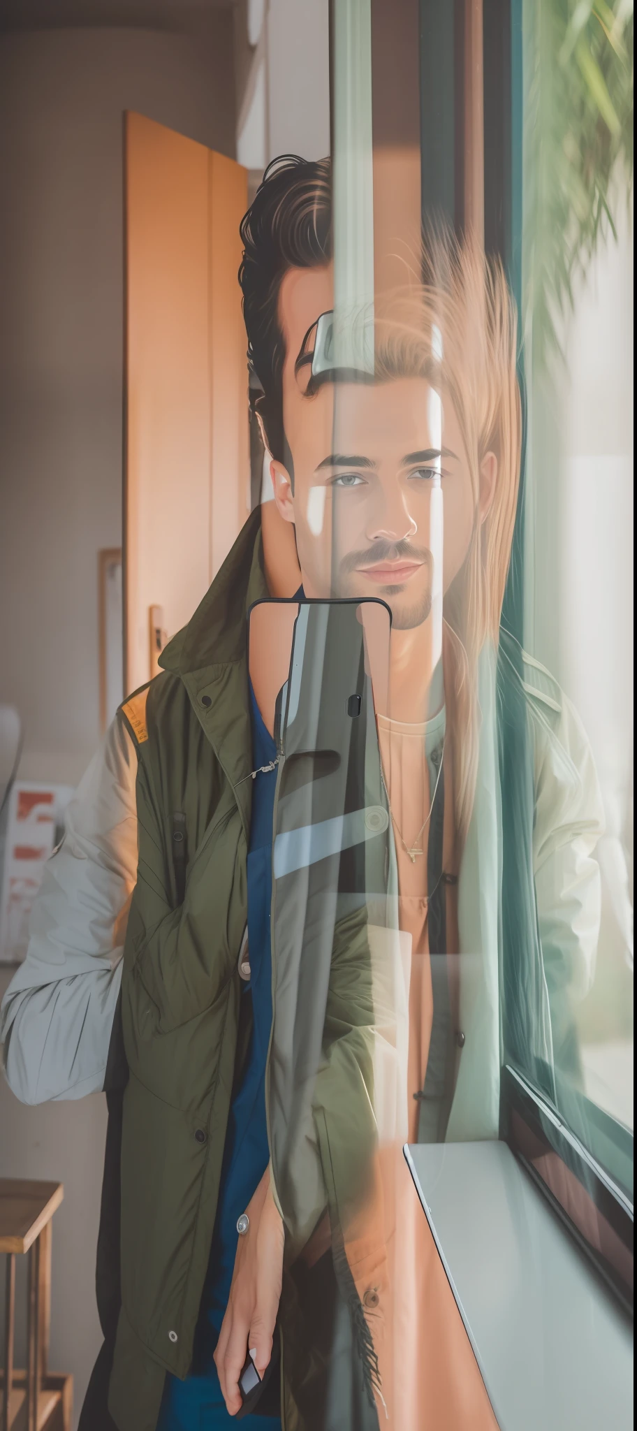 Homem de jaqueta verde olhando para o celular, he is holding a smartphone, Fotografia selfie 8k, olhando para o telefone dele, selfie de um homem, imagem de qualidade muito baixa, com rosto preciso, Cantor Maluma, holding a very advance phone, Tiro na Canon EOS R5, Tiro na Canon EOS R 5, andres rios