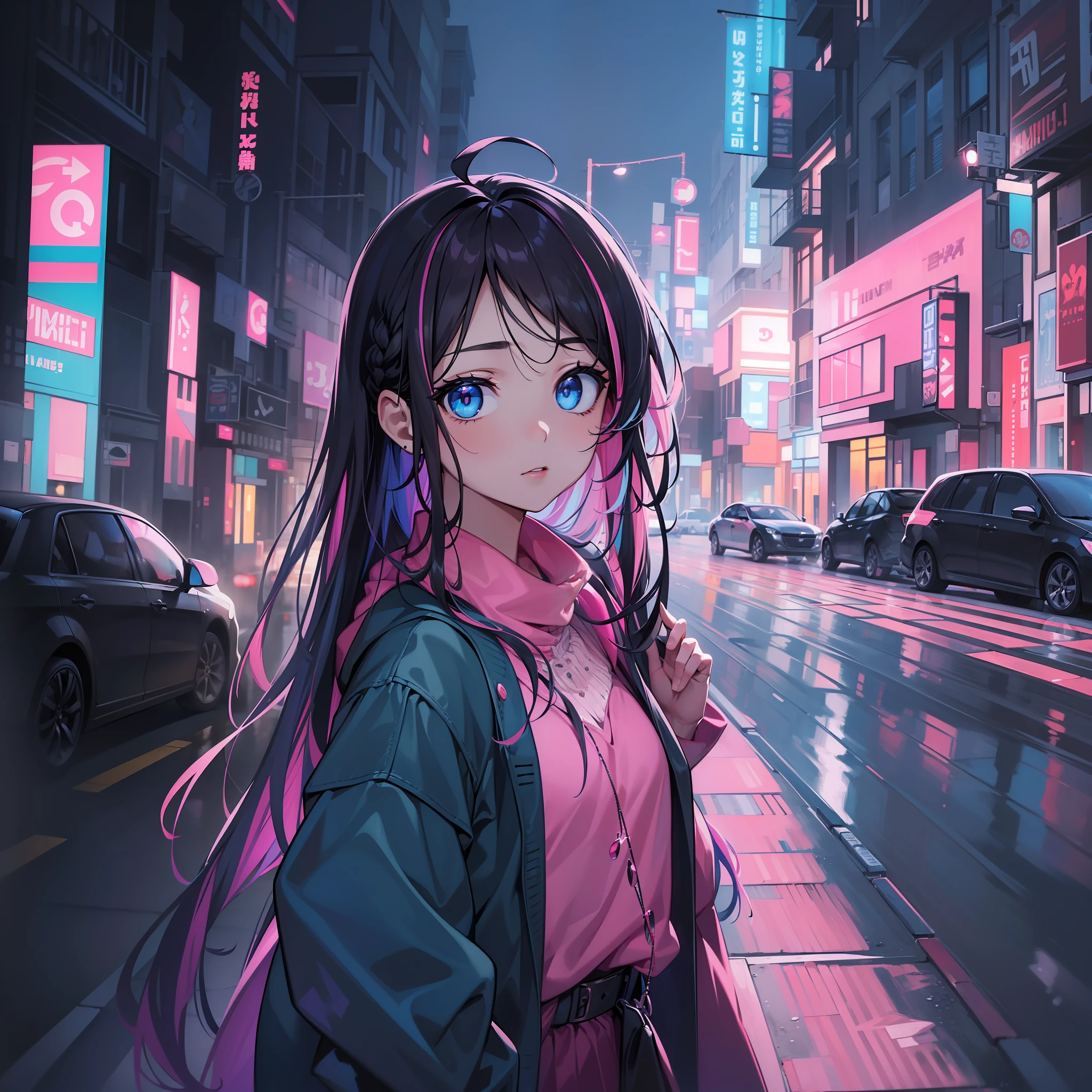 (slightly above, portrait, looking at viewer:1.5), illustration, creative, masterpiece, 8k wallpaper, absurdres, best quality, dynamic angle, detailed eyes, dream like, abstract art, panorama, cinematic lighting, 1girl, charming, delicate, (black hair, long hair, hair between eyes:1.1), (blue eyes), (pink streaks, blue streaks:1.2), sidelocks, crown braid, black and pink color combination clothes, ahoge, standing up, (extremely reflective eyes), eyes reflecting the streets, extremely beautiful background, dark street, busy night street, cars road, lamp posts,