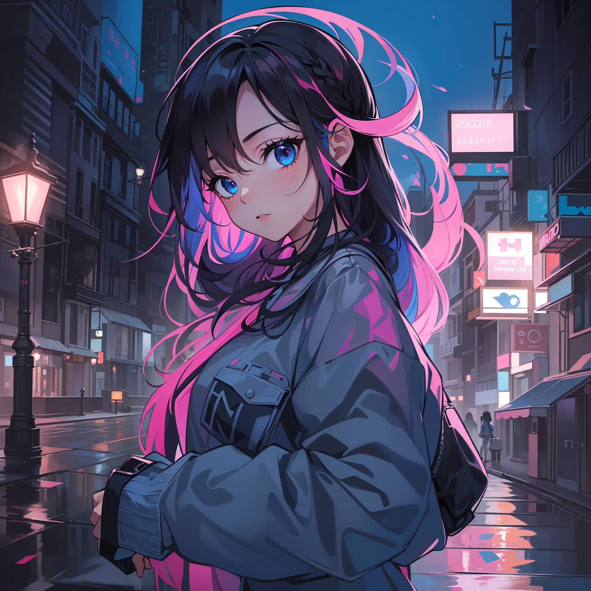 (slightly above, portrait, looking at viewer:1.5), illustration, creative, masterpiece, 8k wallpaper, absurdres, best quality, dynamic angle, detailed eyes, dream like, abstract art, panorama, cinematic lighting, 1girl, charming, delicate, (black hair, long hair, hair between eyes:1.1), (blue eyes), (pink streaks, blue streaks:1.2), sidelocks, crown braid, black and pink color combination clothes, ahoge, standing up, (extremely reflective eyes), eyes reflecting the streets, extremely beautiful background, dark street, busy night street, cars road, lamp posts,