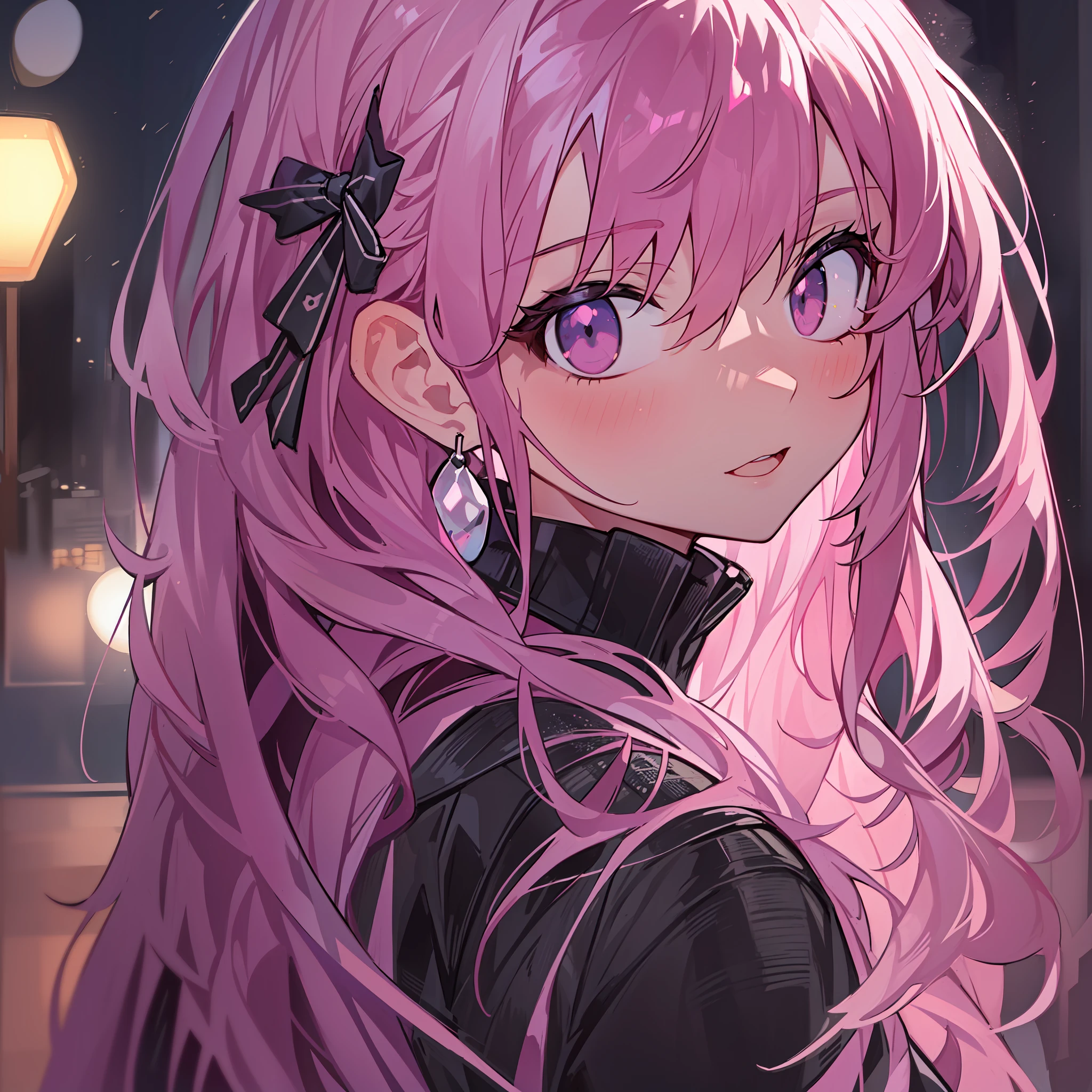 (slightly above, portrait, closeup, looking at viewer:1.5), illustration, creative, masterpiece, 8k wallpaper, absurdres, best quality, dynamic angle, detailed eyes, dream like, abstract art, panorama, cinematic lighting, 1girl, charming, delicate, (black hair, pink highlights, long hair, hair between eyes:1.2), sidelocks, black and pink color combination clothes, ahoge, standing up, (extremely reflective eyes), eyes reflecting the streets, busy night street, cars road, lamp posts,