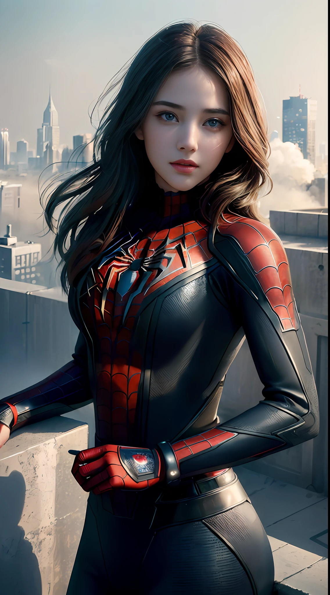 (1girl:1.3), Solo, (((Very detailed face)))), ((Very detailed eyes and face)))), Beautiful detail eyes, Body parts__, Official art, Unified 8k wallpaper, Super detailed, beautiful and beautiful, beautiful, masterpiece, best quality, original, masterpiece, super fine photo, best quality, super high resolution, realistic realism, sunlight, full body portrait, amazing beauty, dynamic pose, delicate face, vibrant eyes, (from the front), She wears Spider-Man suit, red and black color scheme, spider, very detailed city roof background, rooftop, overlooking the city, detailed face, detailed complex busy background, messy, gorgeous, milky white, highly detailed skin, realistic skin details, visible pores, clear focus, volumetric fog, 8k uhd, DSLR, high quality, film grain, fair skin, photo realism, lomography, futuristic dystopian megalopolis, translucent