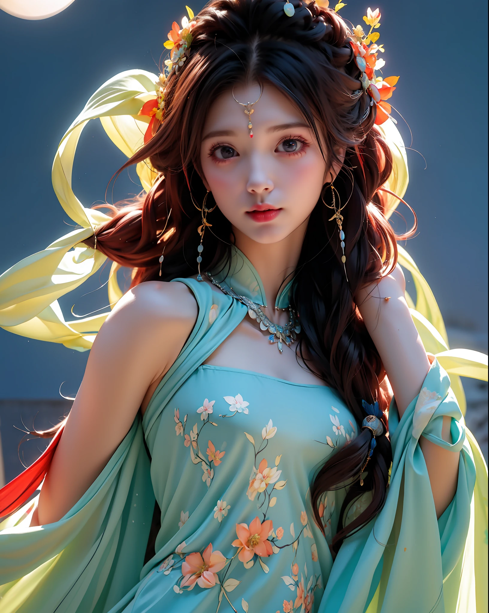 (8k, RAW photo:1.2), best quality, ultra high res,dramatic angle,(fluttered detailed color splashs), (illustration),(((1 girl))),(long hair),(rain:0.9),,on cheongsam，High split cheongsam，blacksilk,(focal point),colored ink drawing,(Splash color),Splash color,(((colorful))),(sketching:0.8) , Masterpiece, best quality, beautiful painted, highly detailed,(denoising:0.6),[splash ink],((ink refraction)), (beautiful detailed sky),moon,highly,detaild,(masterpiece, best quality, extremely detailed） CG unity 8k wallpaper，tmasterpiece，Best quality at best，ultra - detailed），（Stone garlic），