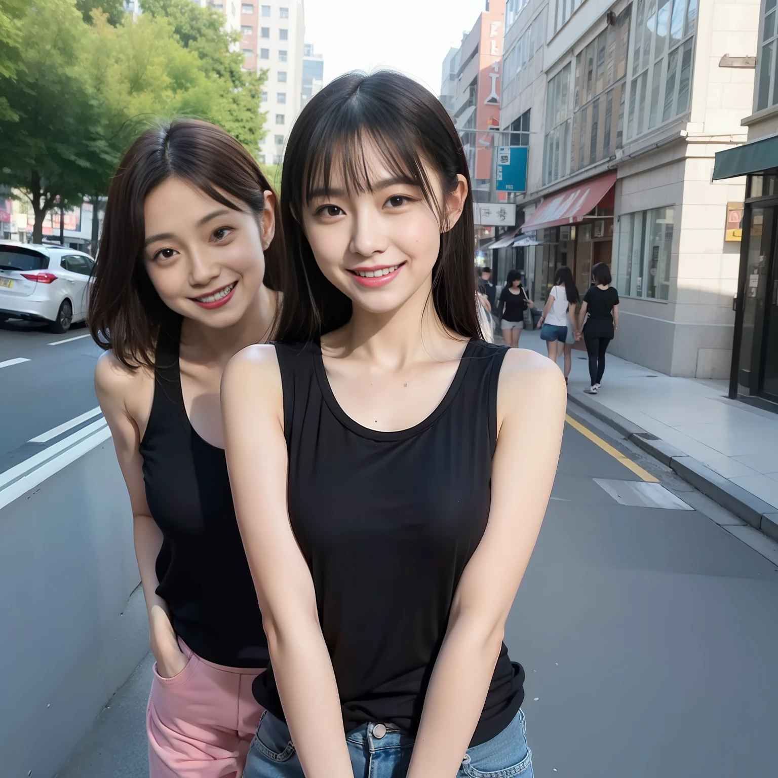 (in 8K, Raw photo, 超A high resolution, Best Quality, masutepiece:1.2), (realistic illustration), (the Extremely Detailed CG Unity 8K Wallpapers), absurderes, Three girls, 18 yo, Beautiful face,medium breasts, Black medium hair, Smile, Tilting head, grin, Upper body, Slim Fit Pants, Pink Tank Top, In the city, Upper body, 乃木坂アイドル, 女優