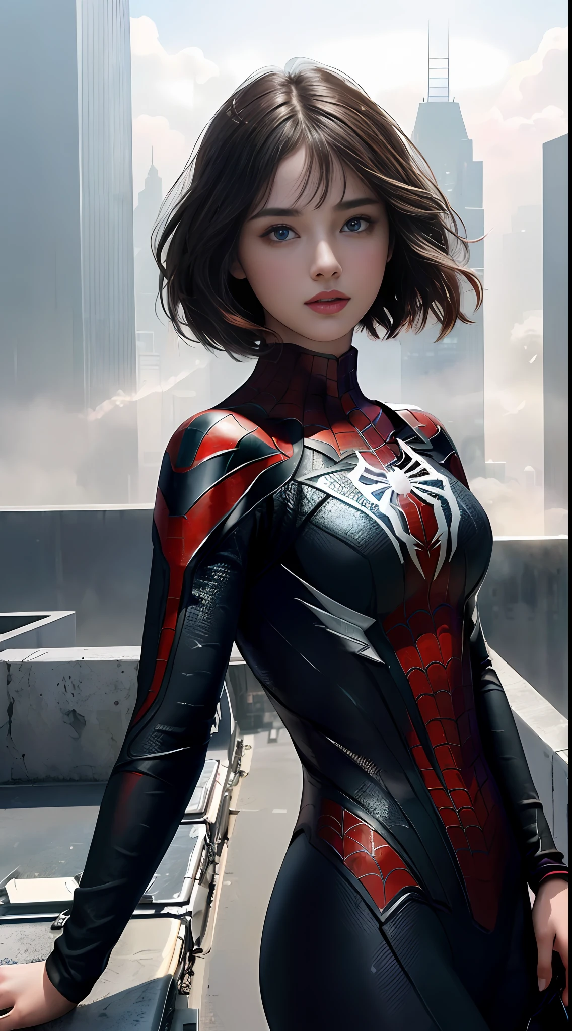 (1girl:1.3), Solo, (((Very detailed face)))), ((Very detailed eyes and face)))), Beautiful detail eyes, Body parts__, Official art, Unified 8k wallpaper, Super detailed, beautiful and beautiful, beautiful, masterpiece, best quality, original, masterpiece, super fine photo, best quality, super high resolution, realistic realism, sunlight, full body portrait, amazing beauty, dynamic pose, delicate face, vibrant eyes, (from the front), She wears Spider-Man suit, red and black color scheme, spider, very detailed city roof background, rooftop, overlooking the city, detailed face, detailed complex busy background, messy, gorgeous, milky white, highly detailed skin, realistic skin details, visible pores, clear focus, volumetric fog, 8k uhd, DSLR, high quality, film grain, fair skin, photo realism, lomography, futuristic dystopian megalopolis, translucent