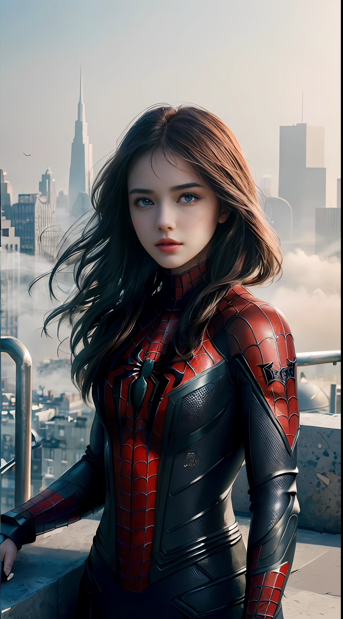 (1girl:1.3), Solo, (((Very detailed face)))), ((Very detailed eyes and face)))), Beautiful detail eyes, Body parts__, Official art, Unified 8k wallpaper, Super detailed, beautiful and beautiful, beautiful, masterpiece, best quality, original, masterpiece, super fine photo, best quality, super high resolution, realistic realism, sunlight, full body portrait, amazing beauty, dynamic pose, delicate face, vibrant eyes, (from the front), She wears Spider-Man suit, red and black color scheme, spider, very detailed city roof background, rooftop, overlooking the city, detailed face, detailed complex busy background, messy, gorgeous, milky white, highly detailed skin, realistic skin details, visible pores, clear focus, volumetric fog, 8k uhd, DSLR, high quality, film grain, fair skin, photo realism, lomography, futuristic dystopian megalopolis, translucent
