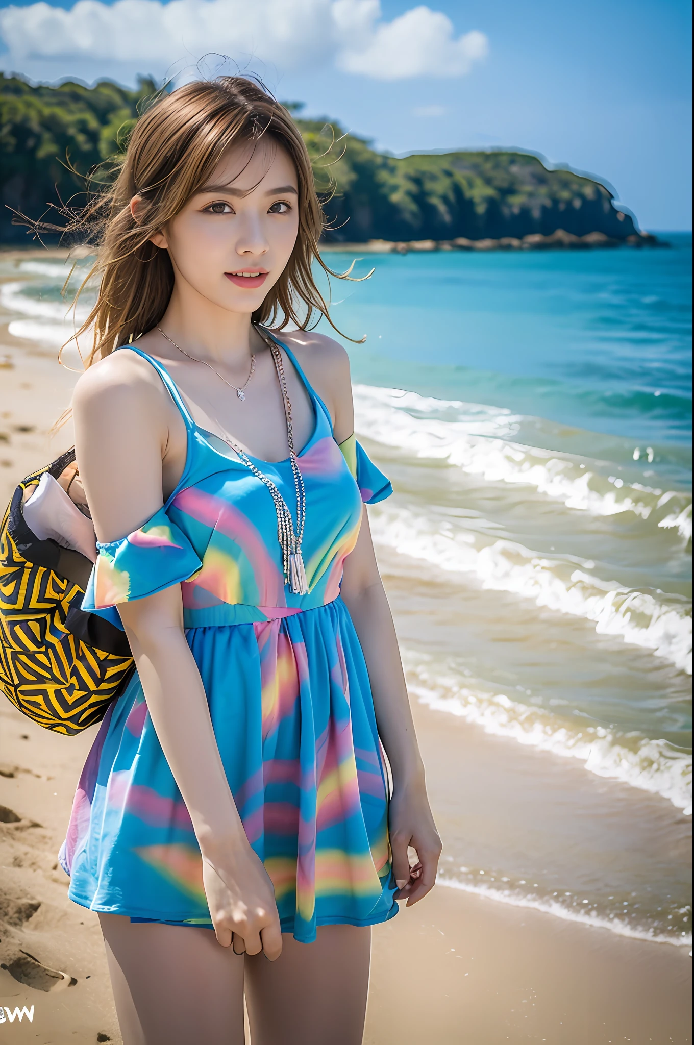 (8K, RAW photogr, Photorealistic:1.25)，1girll，sandbeach，blue-sky，baiyun，Pose, （beach side：1.5），Rainbow Color Slip Dress，Rainbow Color Necklace，（of a real：1.4），conservative girl