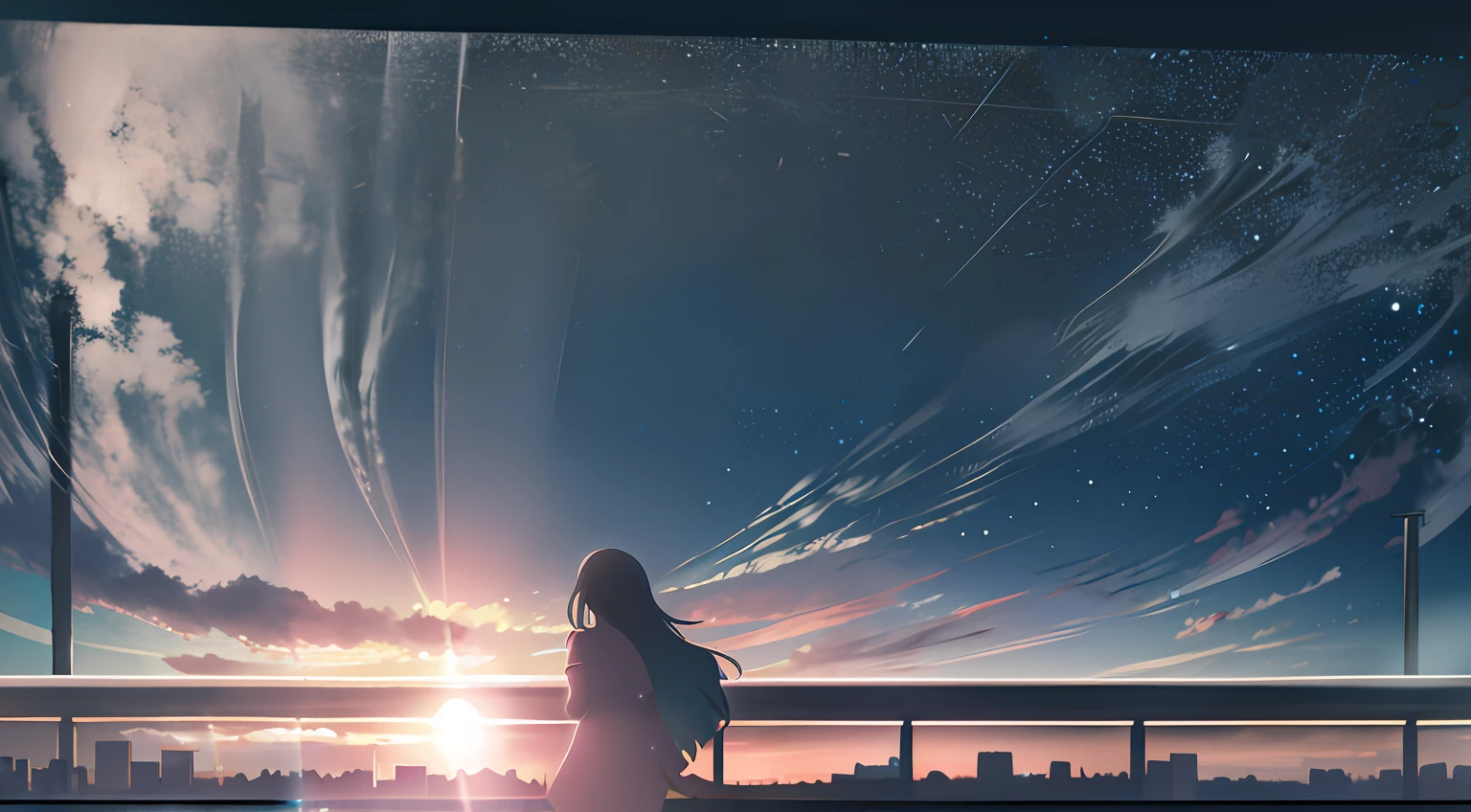Anime girl watching sunset from window, Cosmos Sky. By Makoto Shinkai, inspired by Alena Aenami, Makoto Shinkai Cyril Rolando, watching the sunset. Anime, 4k manga wallpapers, Artistic. Alena Ainami, author：Alena Enemi, style of alena aenami, girl watching sunset, 4K anime wallpaper