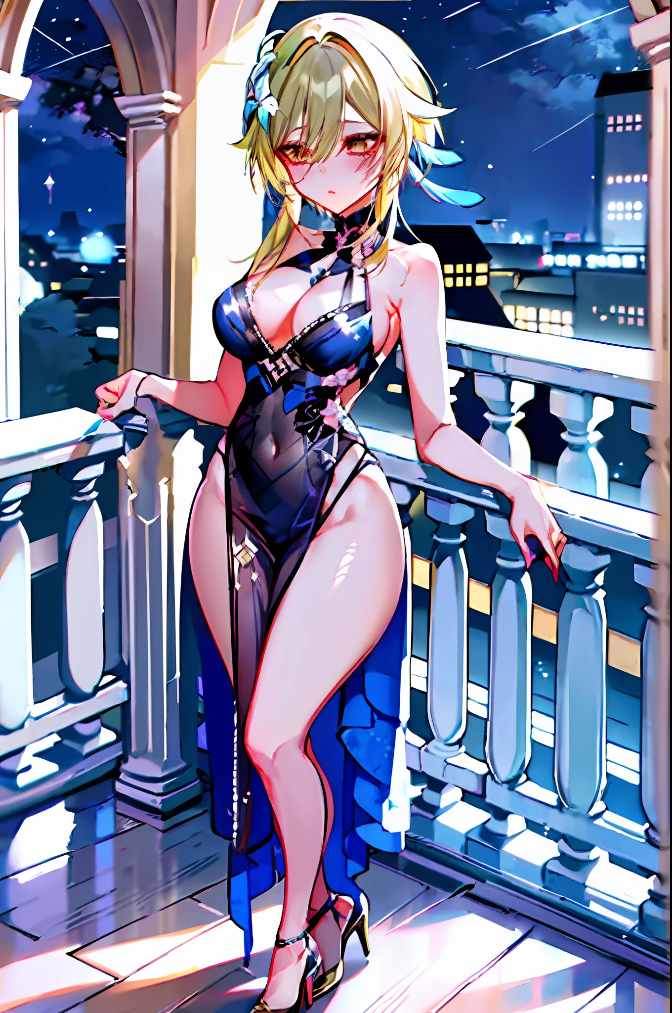 ((best quality)), ((masterpiece)), 1girl, lumine (genshin impact), solo, {blue hair flower}, flower, hair ornament, blonde hair, golden eyes, soft makeup, pink lips, elegant, long night dress, breasts, wide body, wide legs, elegant heels, flower garden, night, seductive, pretty, cute