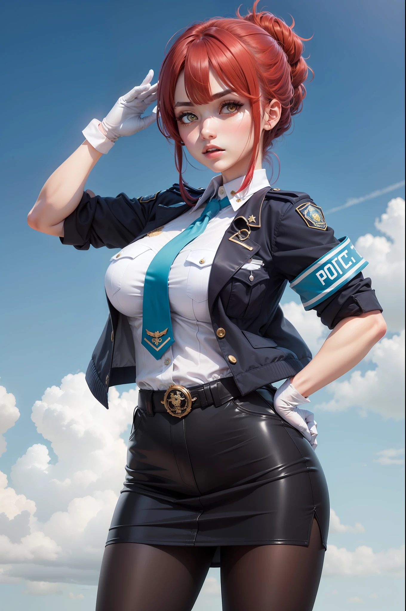 red tinted hair,police uniforms,white long gloves,black pantyhoses