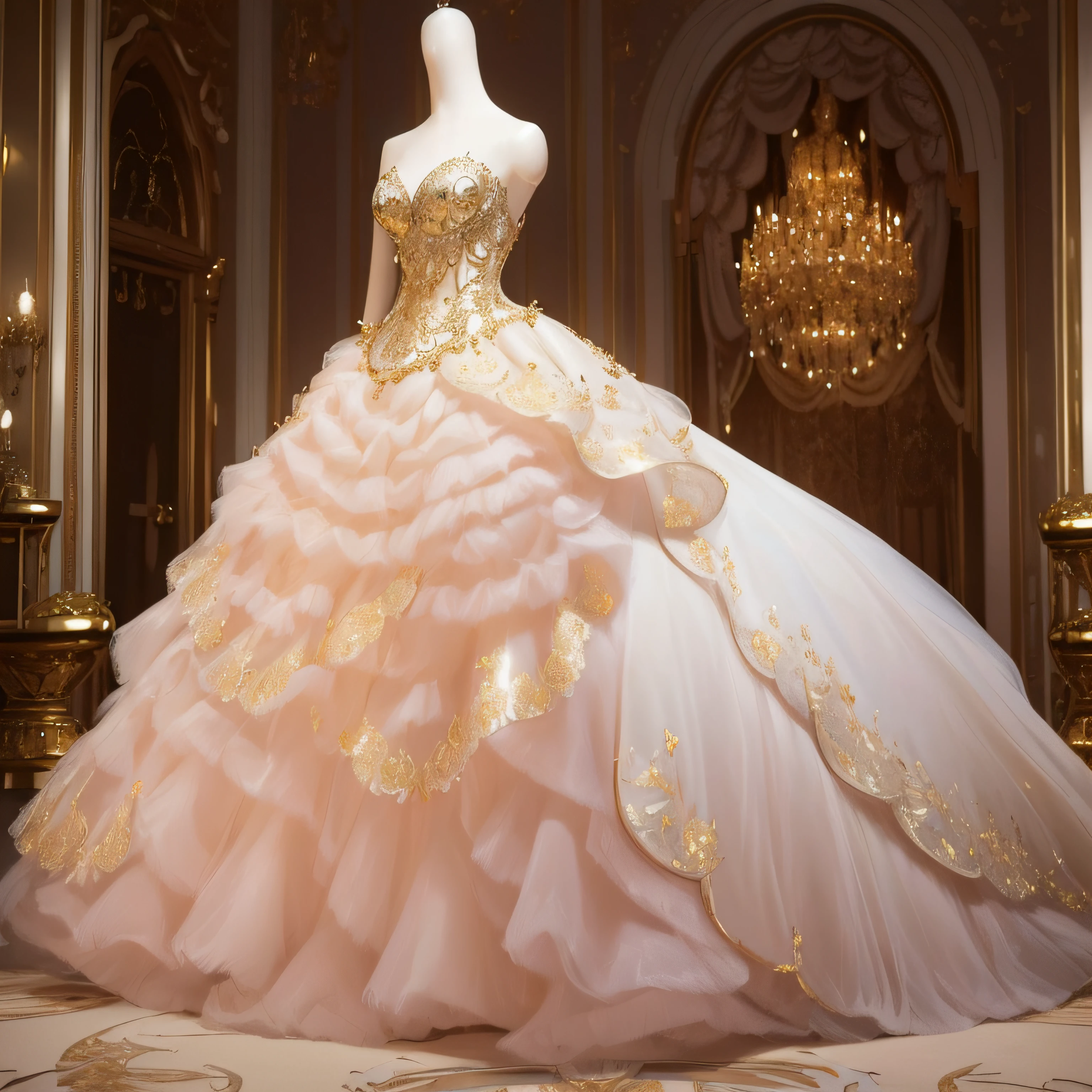 a hyper realistic photograph of a girl standing wearing a majestic light beige and gold ball gown dress, big beautiful dress, intricate puffy ball gown with lots of ruffles and rhinestones (Best quality, masterpiece, ArtStation, Fantasy Art:1.2), a palace room, a beautiful cute girl, (long white hair:1.1), (intricate short gold skirt, bare legs:1.2, full body shot)
