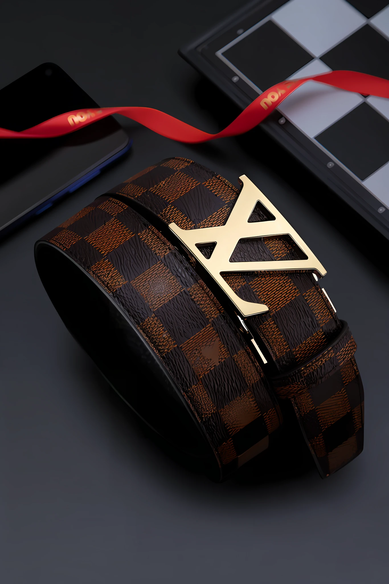 Close-up of wristband with gold lettering, brown ) ), Louis Vuitton, Portate, adonis belt, Straps, Leather belt, luxury brand, lv jewelry, 8 0. Low voltage, belt, Low voltage, Product photo, red gold black, Gold belt, leather straps, masterpiece w 1024, : 5 stylish, Multiple belts, designer