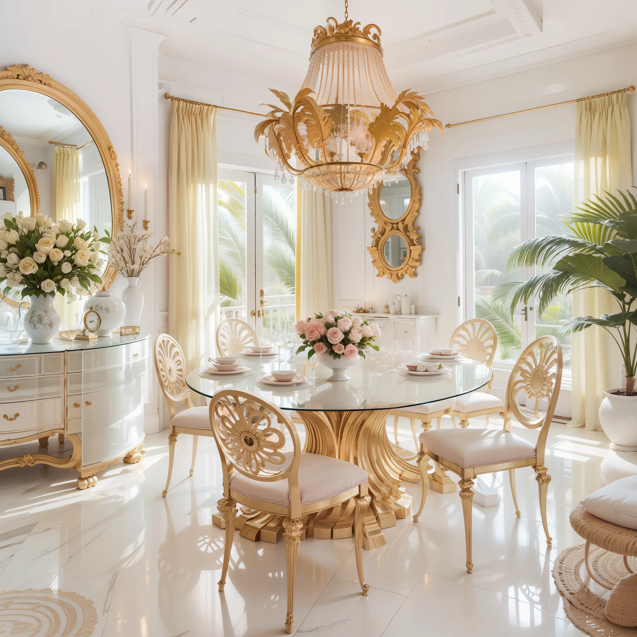 Sala de jantar estilo jardim em Palm Beach, decorada em branco, dourado, rosa