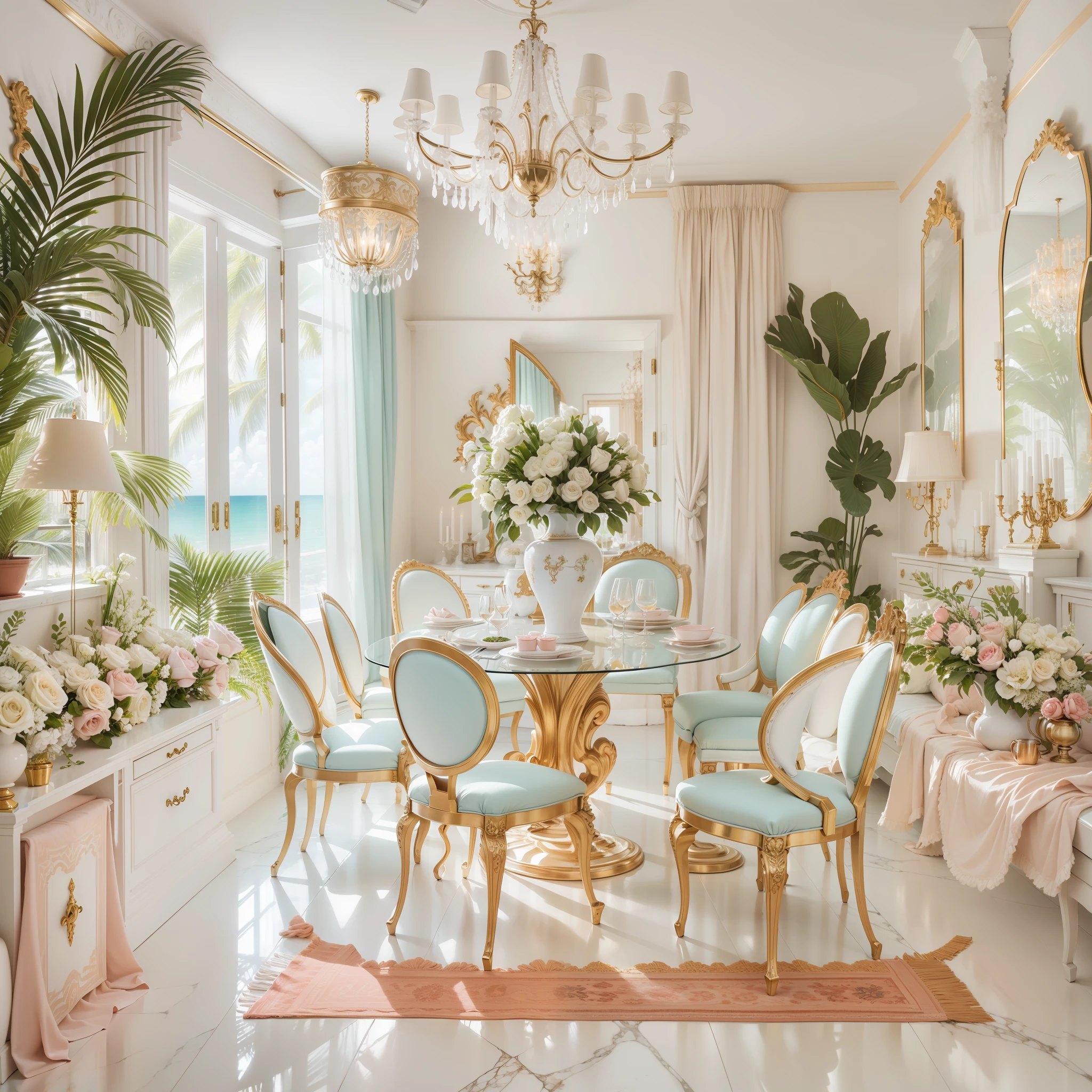 Sala de jantar estilo jardim em Palm Beach, decorada em branco, dourado, rosa
