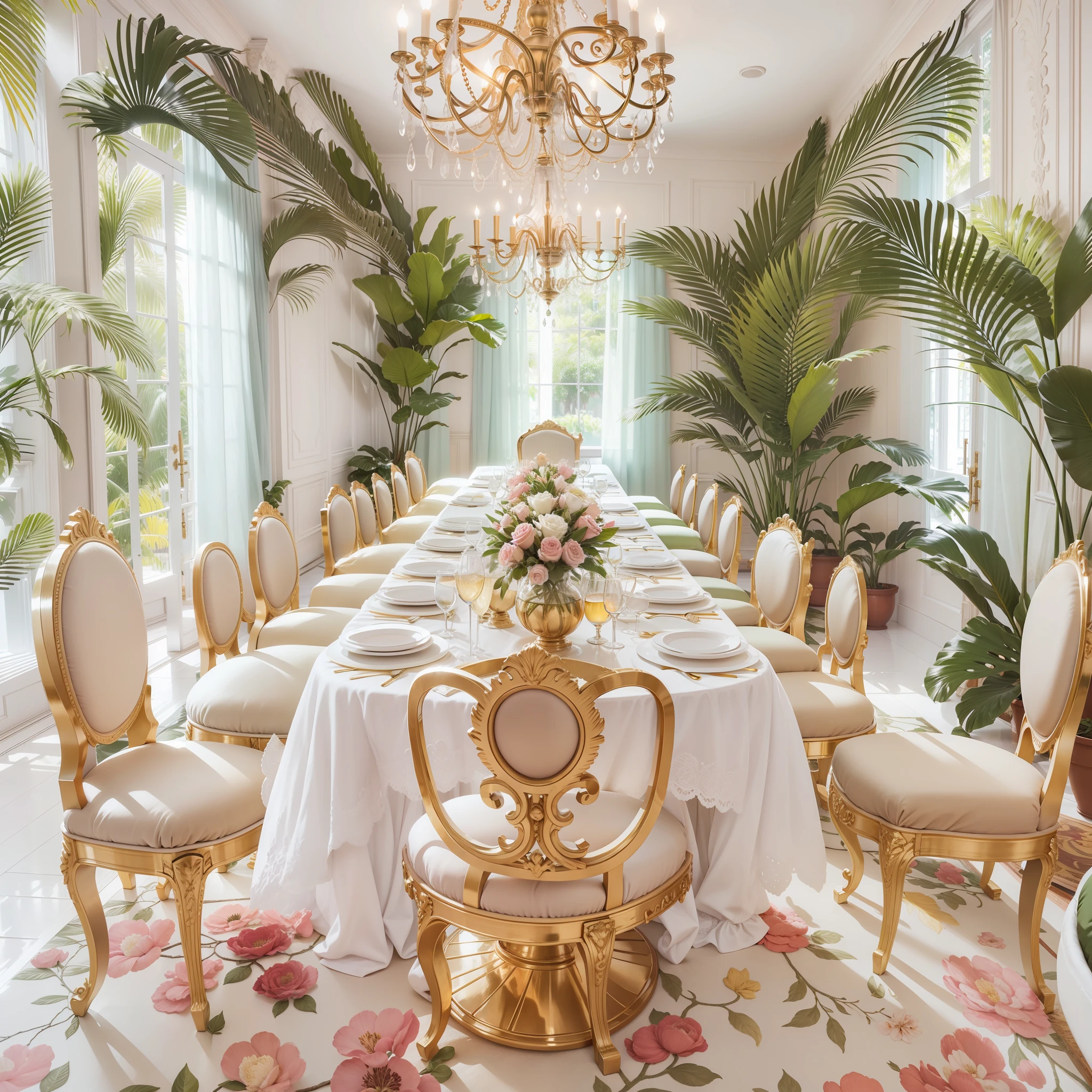 Sala de jantar estilo jardim em Palm Beach, decorada em branco, dourado, rosa