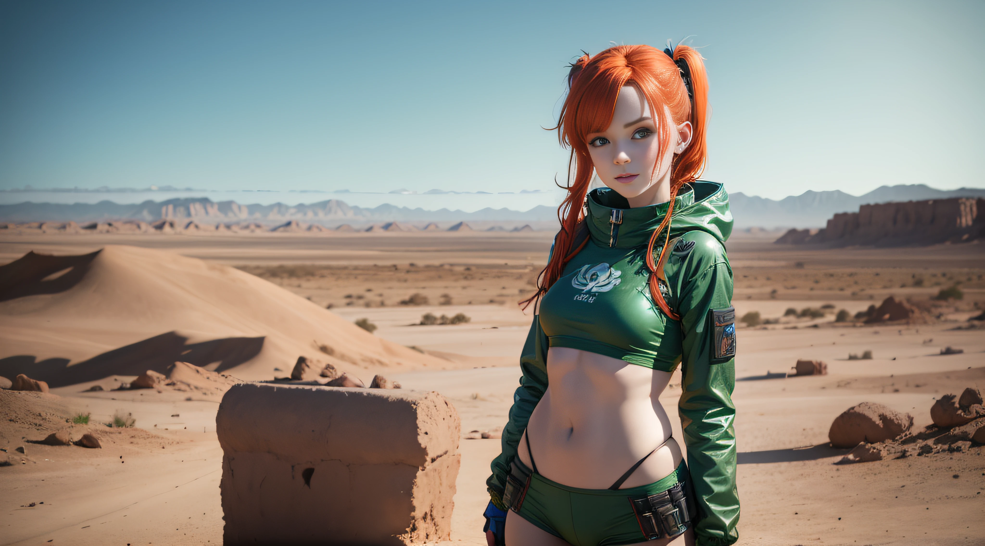 cute redhead woman in twin tails, multiple rainbow colored hair, sky-blue eyes, happy, Ukrainian, petite, pale skin, wearing a green metallic color bikini, post apocalyptic background, bleak barren desert, photo realistic woman. --auto