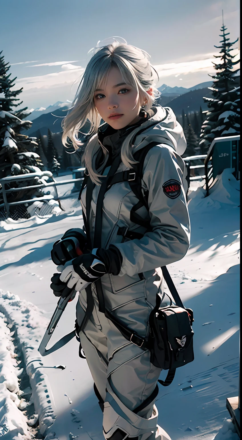 (CG Unity 8K wallpaper in extreme detail,tmasterpiece,Highest image quality),(Delicate light and shadow,The picture is highly dramatic,Cinematic lens effect),A girl in a white Spider-Man costume,Silver-gray hair color,From the Spider-Man parallel universe,Wenger,Marvel,Spidey,Snowboarding,dynamicposes),(Exceptional detail,The lighting effect is outstanding,Vista wide angle),(Excellent rendering,Enough to stand out from the crowd),The focus is on being snowboarded