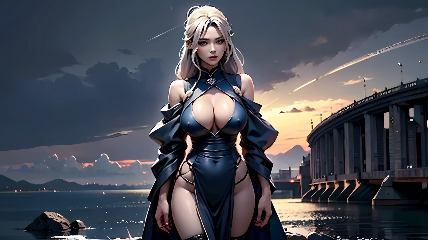 In the center of the panoramic deep shot, the sexy Drow Saint Samurai sits on a stone block in a stream under the glow,The silhouette of the legendary distant mountain snowtops and halfway up the town, the church behind the Drow Saint Samurai and the sky, the colorful moon and starry sky as a double background, add an epic sense to the picture,Use Midjourney's powerful advanced stroke tools and material models,Make the picture very realistic。With Midjourney's powerful advanced brush tools, a unique charm and holiness exist on the face of a Drow Saint Samurai,The Drow Saint Samurai wore a translucent light gauze robe like a hollow cast light,The tight openwork mesh ninja suit highlights the toned and slender sexy and tight body of the Drow Saint Samurai,The K-cup giant teardrop-shaped tit tautted by colored bands makes the Drow Saint Samurai even sexier。Use Midjourney's advanced stroke tools to make the teardrop-shaped giant tit of the Drow Saint Samurai's K cup look amazingly large, and give the peach buttocks a charming, feminine real delicacy and pink oil shiny color。Use Midjourney's advanced brush strokes, tools, palettes, and material models to outfit the Drow Saint Samurai shoulders and slender legs with beautiful openwork light-cast mini shoulder armor and leg armor,A reflection flashed in the eyes of the Drow Saint Samurai who was gazing reverently at the sky,The Drow Saint Samurai was surrounded by apertures and light-casting runes,It adds a dynamic and dreamy temperament to the scene。The long colored hair and robes of the Drow Saint Samurai were blown up by the wind,It adds movement and fluidity to the picture。Use Midjourney's advanced stroke tools to create complex folds and textures on the skin and hair of the Drow Saint Samurai,It brings to life the enchanting and tranquil scenes of the Drow Saint Samurai,At the same time, it makes the beauty of the Drow Saint Samurai look holy and beautiful。Use Midjourney's advanced stroke tools and experiment with diff