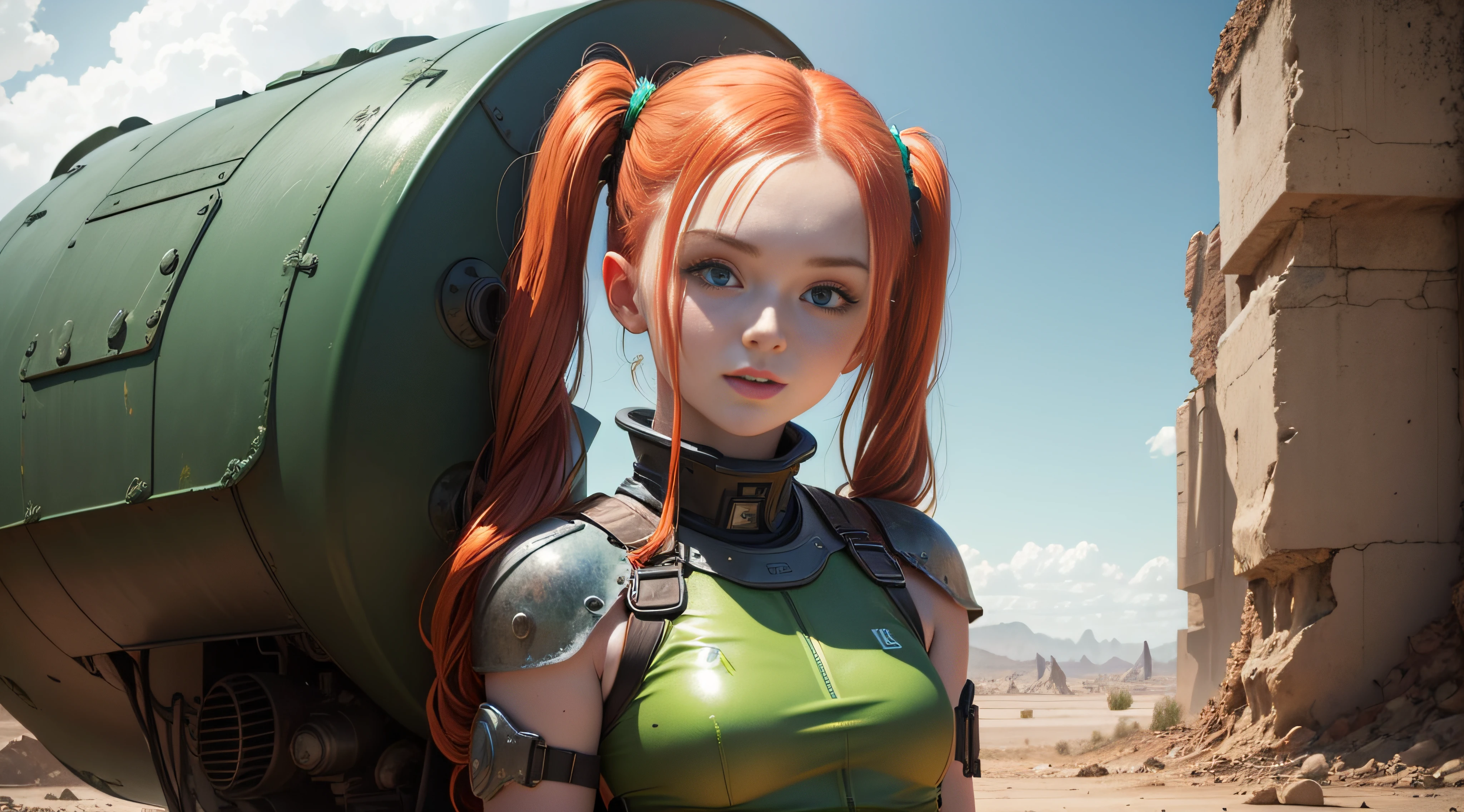 cute redhead woman in twin tails, multiple rainbow colored hair, sky-blue eyes, happy, Ukrainian, petite, pale skin, wearing a green metallic color bikini, post apocalyptic background, bleak barren desert, photo realistic woman. --auto