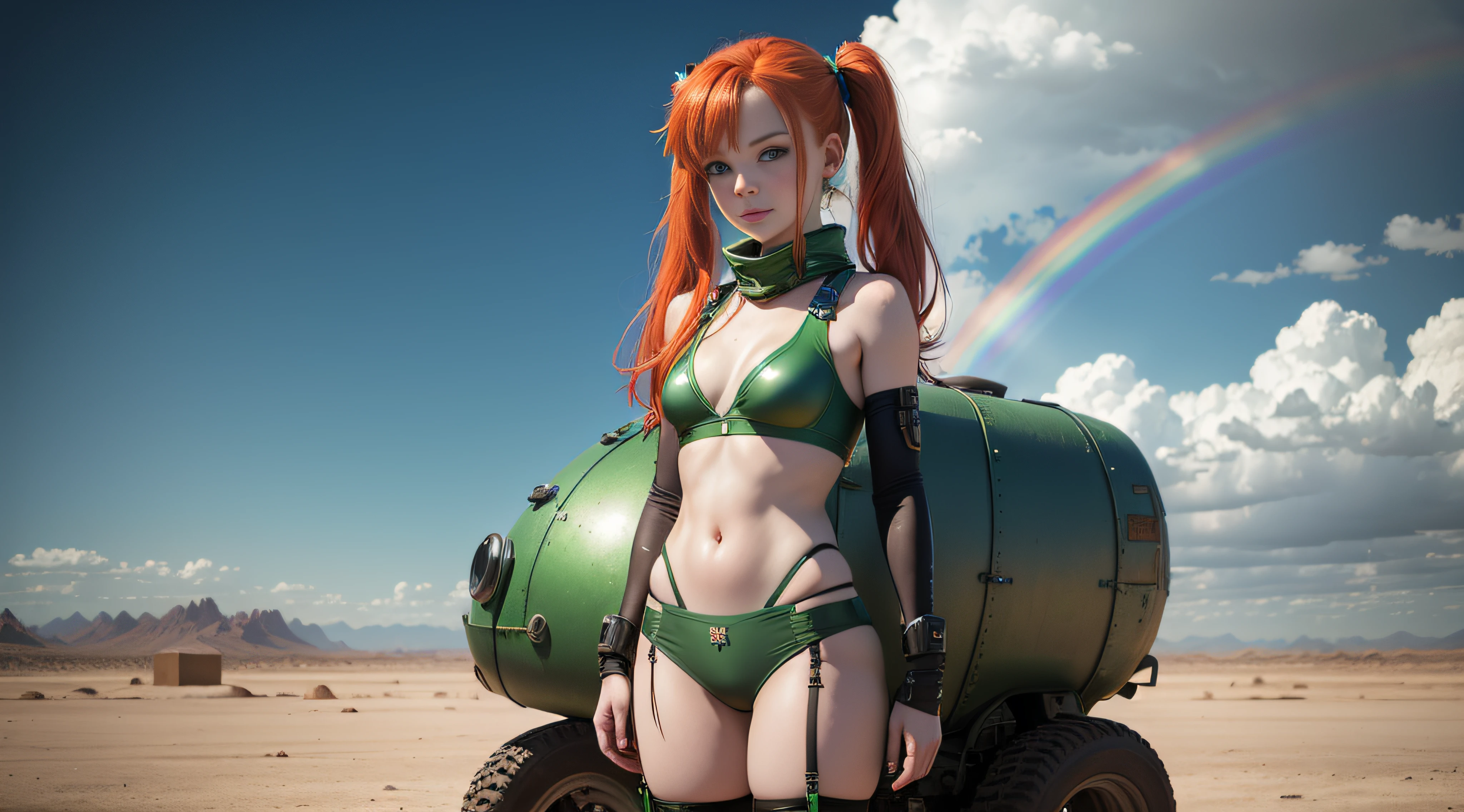 cute redhead woman in twin tails, multiple rainbow colored hair, sky-blue eyes, happy, Ukrainian, petite, pale skin, wearing a green metallic color bikini, post apocalyptic background, bleak barren desert, photo realistic woman. --auto