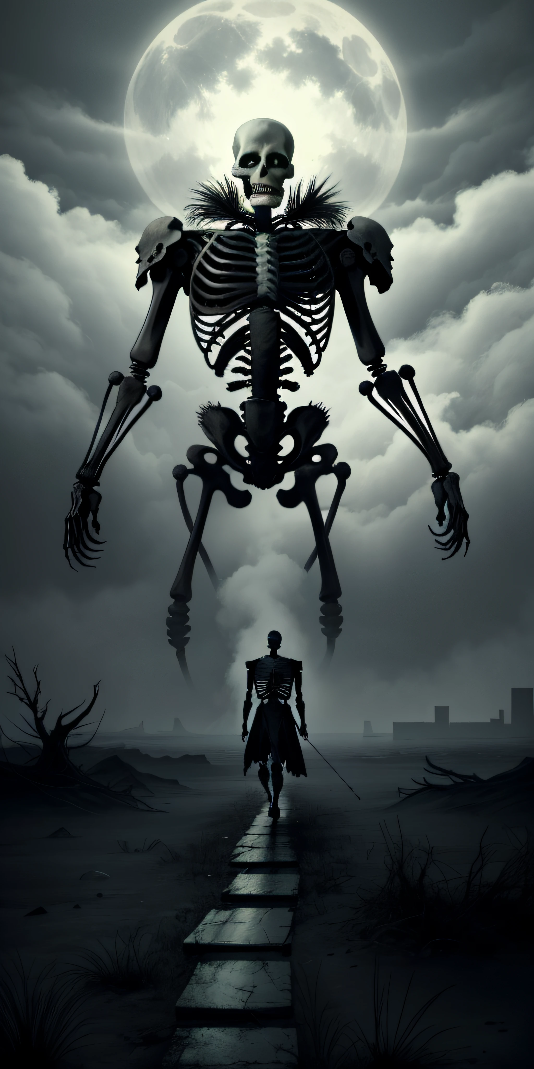 Amidst a desolate and forgotten battlefield, strewn with the remnants of a long-forgotten conflict, a lone skeleton stands tall. Clad in tattered armor, its bleached bones gleam in the pale moonlight that cuts through the dark, ominous clouds above. In its bony hand, the skeleton tightly grips an unexpected weapon—a modern AK-47 assault rifle.
As the wind whistles through the barren wasteland, the skeleton's empty eye sockets seem to focus on the weapon, a relic of a time long past. With a surreal determination, it raises the AK-47, feeling the weight of the metal against its skeletal fingers. The ancient warrior whispers a vow, a pledge to fulfill a forgotten purpose and bring justice to a world consumed by chaos.
With an eerie agility, the skeleton defies the laws of nature, maneuvering with uncanny precision as it wields the AK-47. The rifle's metallic echoes reverberate across the battlefield, drowning out the distant sounds of distant battles. The skeleton's bones rattle, harmonizing with the gunfire, as it becomes an ethereal force, the embodiment of forgotten souls seeking redemption.
In this haunting setting, describe how the skeleton's movements, devoid of life yet filled with purpose, merge with the AK-47's deadly firepower. How does the juxtaposition of the ancient and the modern unfold, as the skeleton's actions become a testament to the unyielding spirit of warriors, even in death?