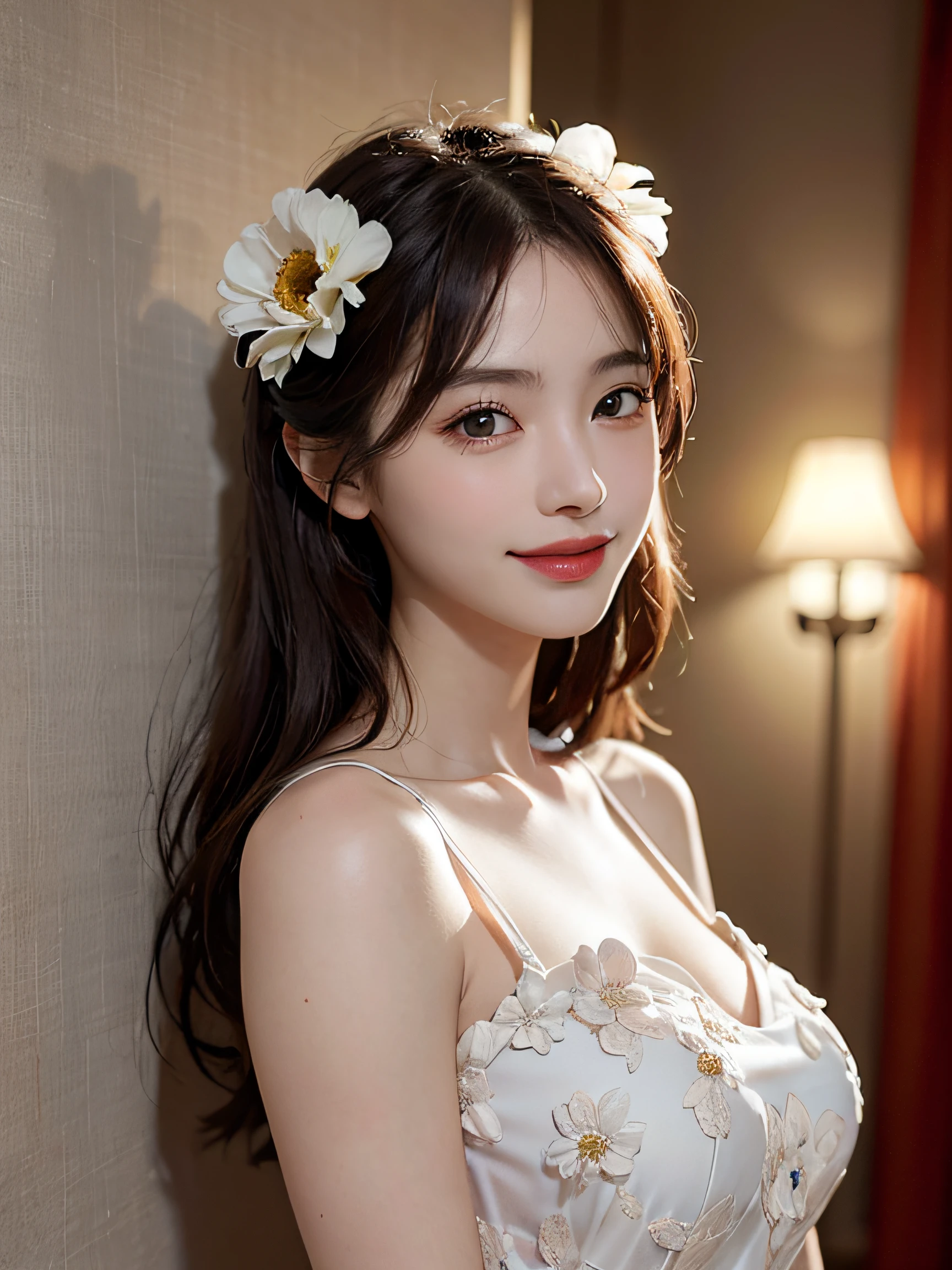 best qualtiy，tmasterpiece，4K，超高分辨率，（真实感：1.4），RAW photogr，Dark style，natta，1girll，（Gorgeous floral dress，Heavy-duty manual，Superb workmanship），A princess，Ji Shifa，curlies，flowers in head，thoughtful expression，looks into camera，Upturned eyes，Smiling eyes，Reach for a bouquet of white carnations，Look down and smell，natta，themoon，an enchanted forest，Flower wall，The moonlight shines on the face，Waist Shot，Shy，in the darkness nigth，deep shading，low tune，cold light