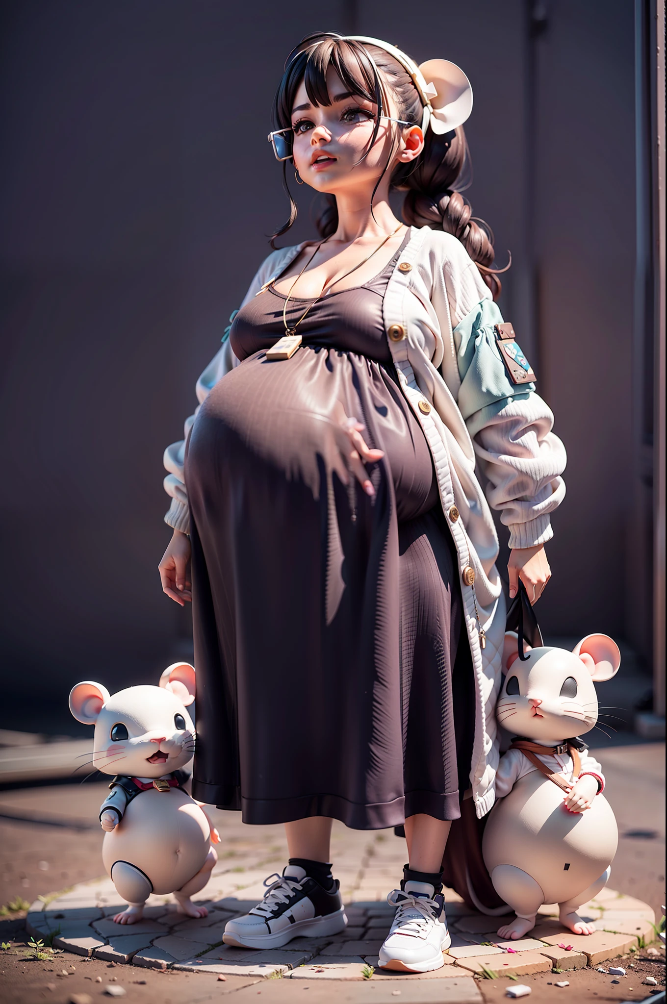 (Daisaku),(Need),(Super meticulous),(full bodyesbian:1.2),(soio),gray theme,Rat magician,adolable,Open-mouthed,Earphone,Rat hair texture,gravid,pregnant women with,Popmart blind box,Clay texture,Treading on the ground,Black and white background,natural lightting,Best quality at best,hyper-detailing,arte 3D,c4d, OC renderer, a 3D render, 8k