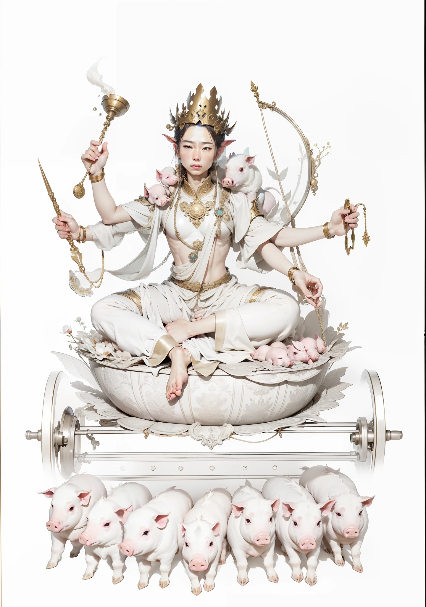 Beautiful fairy plate sitting on a lotus seat，Beautiful figure，The human body is anatologically precise，Wearing a golden crown on his head，（（Six arms））Each holds a magic weapon，The barefoot，Seven piglets with ropes tied to their backs，The trolley has two wheels。The background has a round light，Clear and clean sky，