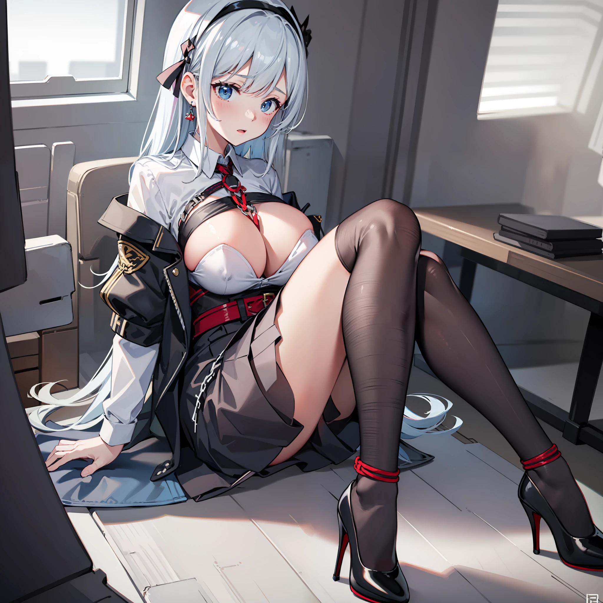 hyper HD,Highest high resolution。White-collar uniform,sitting on office chair。black lence stockings, high-heels,huge tit,exposing her chest,White shirt,Skirt that wraps hips,Pee,White color hair。The chest is tied with a rope。The neck is chained。