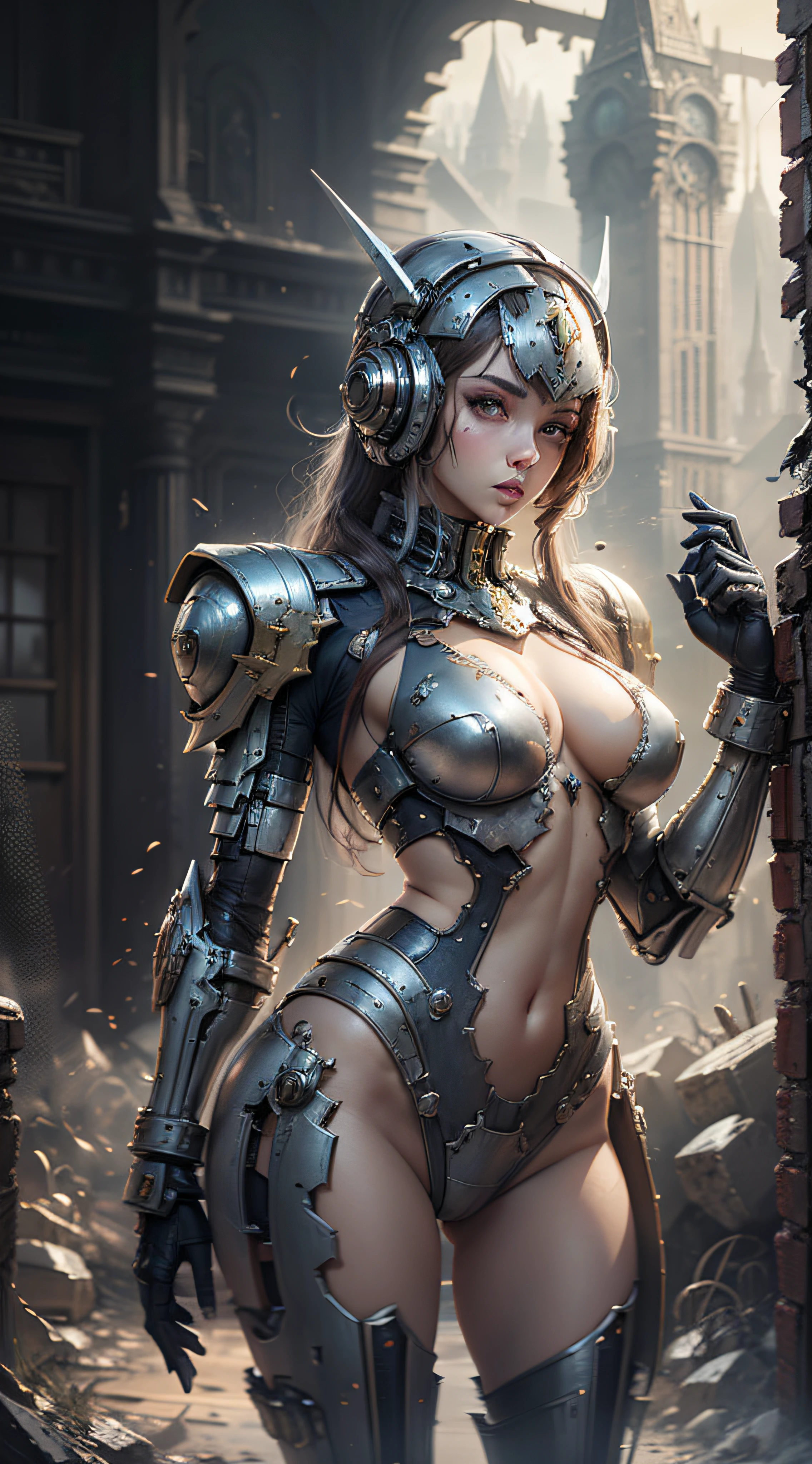 Linda mulher, corpo inteiro voluptuoso, vestindo armadura estilo master chef, doom, warhammer 40.000 lindo e decotado, corpo escultural, usando mecha de metal desgastado, vermelho e branco, campo de batalha, alien planet, naves gigantes, alien buildings destroyed by battle,