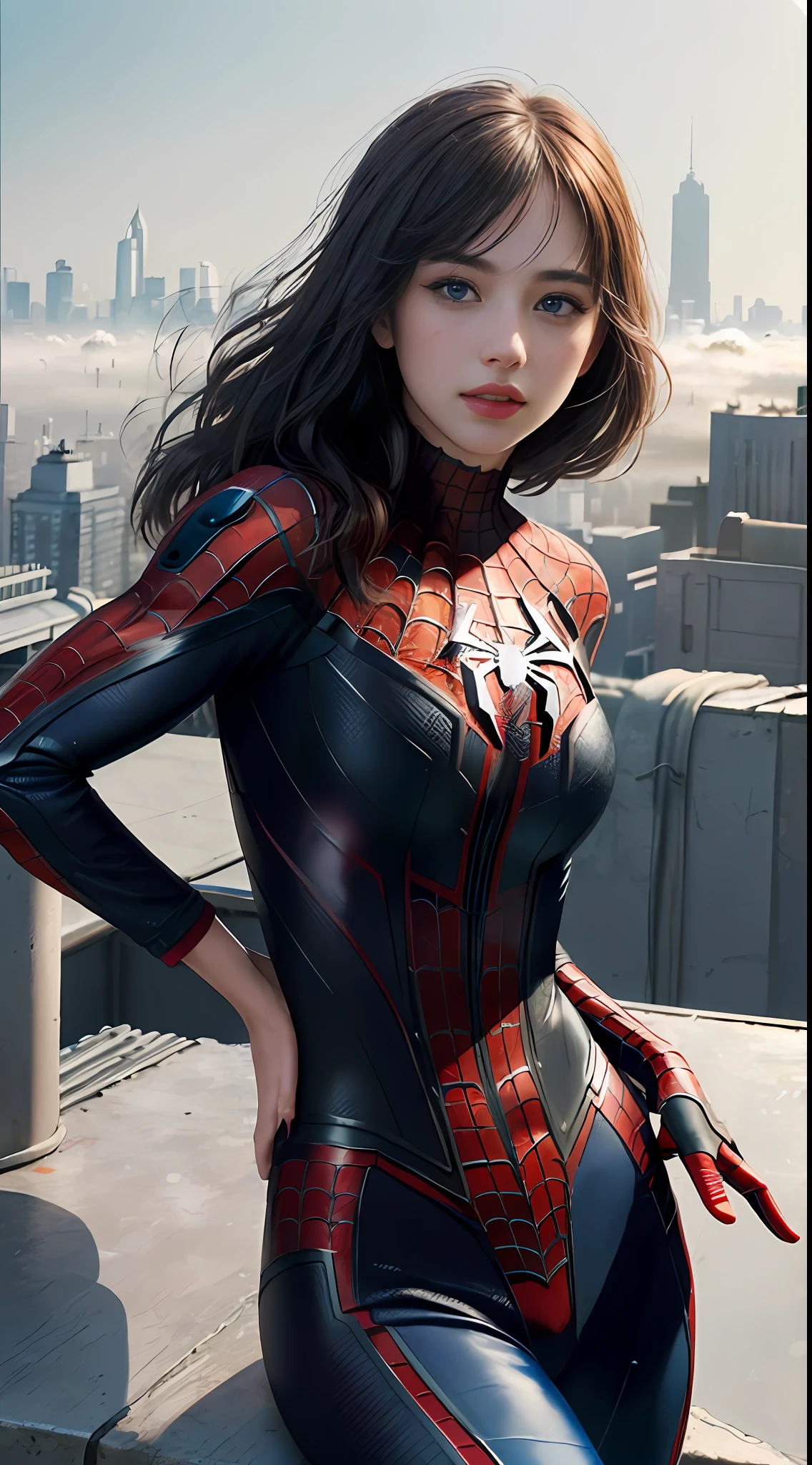 (1girl:1.3), Solo, (((Very detailed face)))), ((Very detailed eyes and face)))), Beautiful detail eyes, Body parts__, Official art, Unified 8k wallpaper, Super detailed, beautiful and beautiful, beautiful, masterpiece, best quality, original, masterpiece, super fine photo, best quality, super high resolution, realistic realism, sunlight, full body portrait, amazing beauty, dynamic pose, delicate face, vibrant eyes, (from the front), She wears Spider-Man suit, red and black color scheme, spider, very detailed city roof background, rooftop, overlooking the city, detailed face, detailed complex busy background, messy, gorgeous, milky white, highly detailed skin, realistic skin details, visible pores, clear focus, volumetric fog, 8k uhd, DSLR, high quality, film grain, fair skin, photo realism, lomography, futuristic dystopian megalopolis, translucent