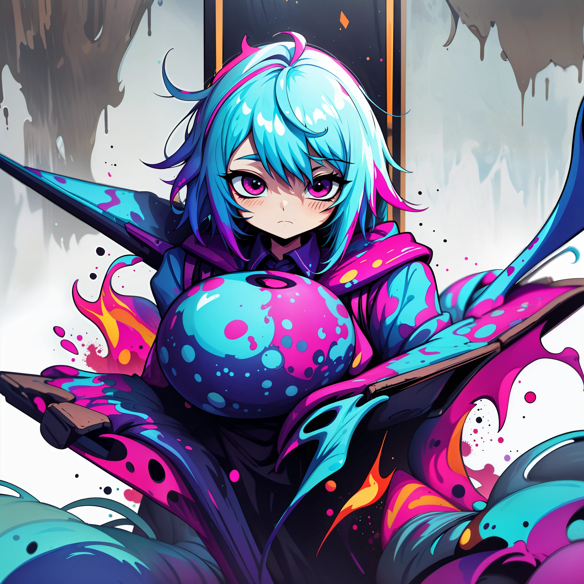 (in Splatter art style), Yahareni, Yahareni sought to survive by any means necessary when the Knahaten Flu struck Orcrest. Death won, and Namiira gained their corrupted soul. Now, freed from the Dark Behind the World by a foolish mortal, they seek an equal to walk beside them in darkness, splattered with eerie flames of blue and neon blue, Masterpiece, Best Quality