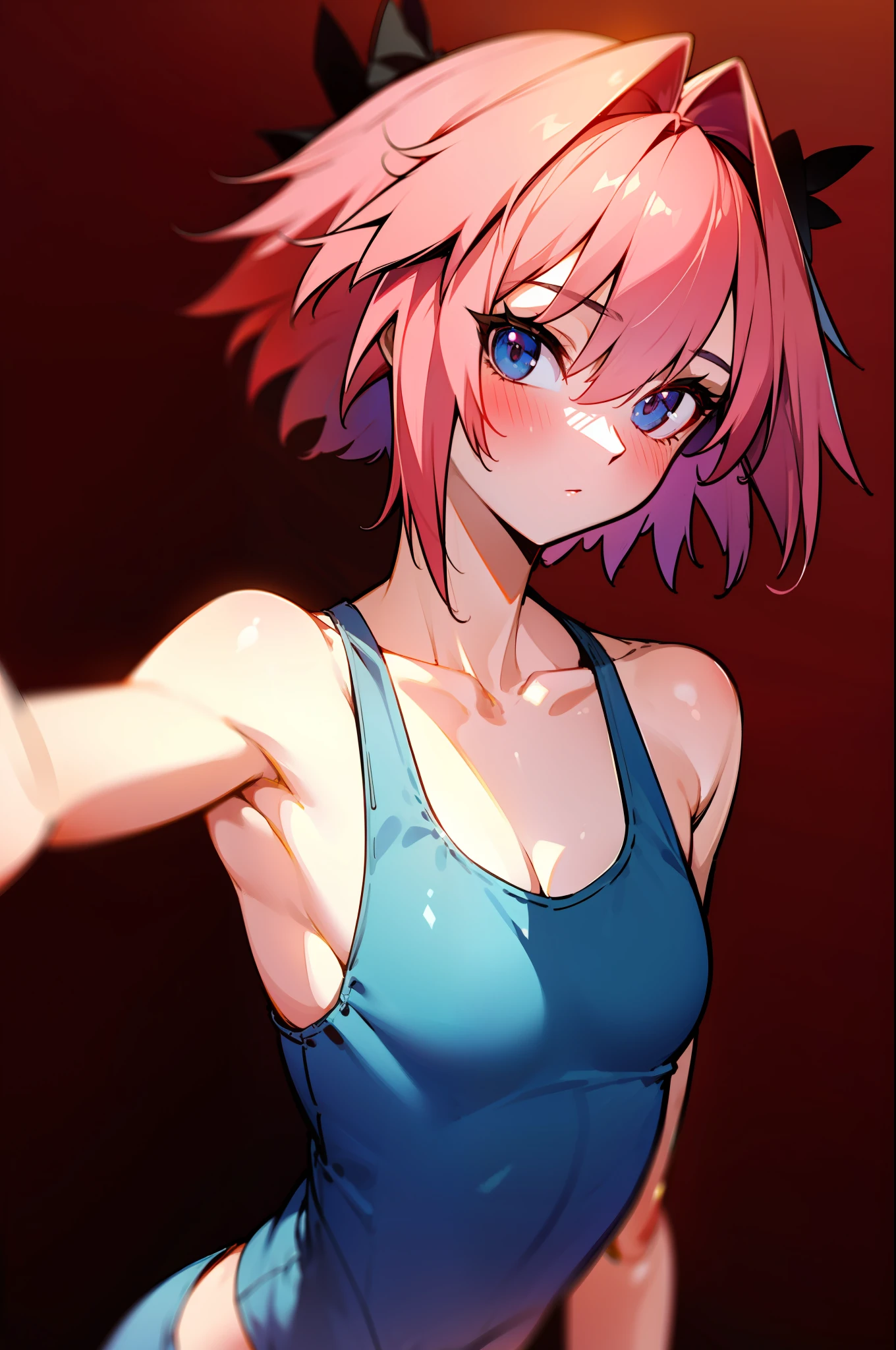 (masterpiece), (best quality), (ultra high res), perfect feminine face, astolfo, fate, flat chested, tank top wearing