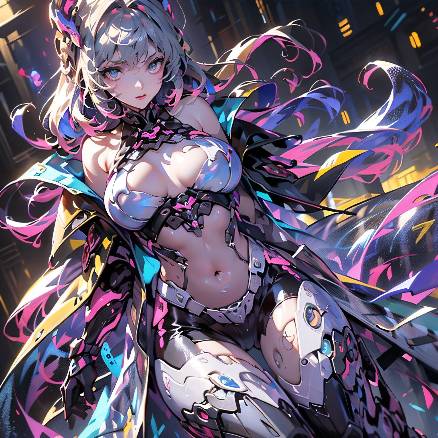 The best picture quality，Optimal lighting and shadow effects，The mech is slender and elegant，The mysterious atmosphere is filled with fog。The metallic luster has increased by 20% compared to usual%，The fledgling girl was there，Shining in the shimmer，She has blue eyes and purple hair。The whole scene takes place at night。