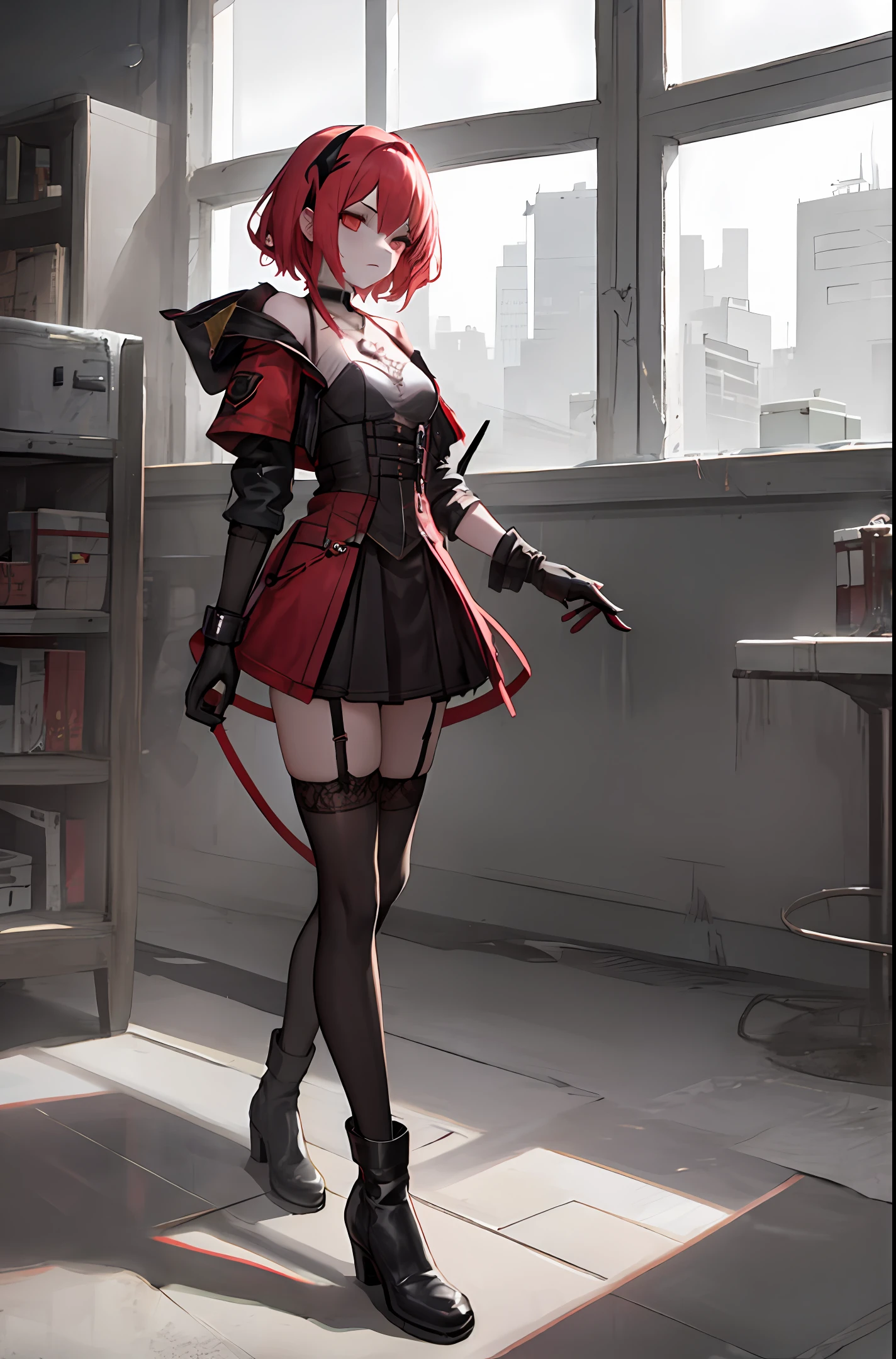 1girl,Vampire,Chaotic_Evil,mature_female,small medium breasts,halterneck,skull_mask,legwear_garter,boots,leather_gloves,pendant,broken_mask,leaning on object